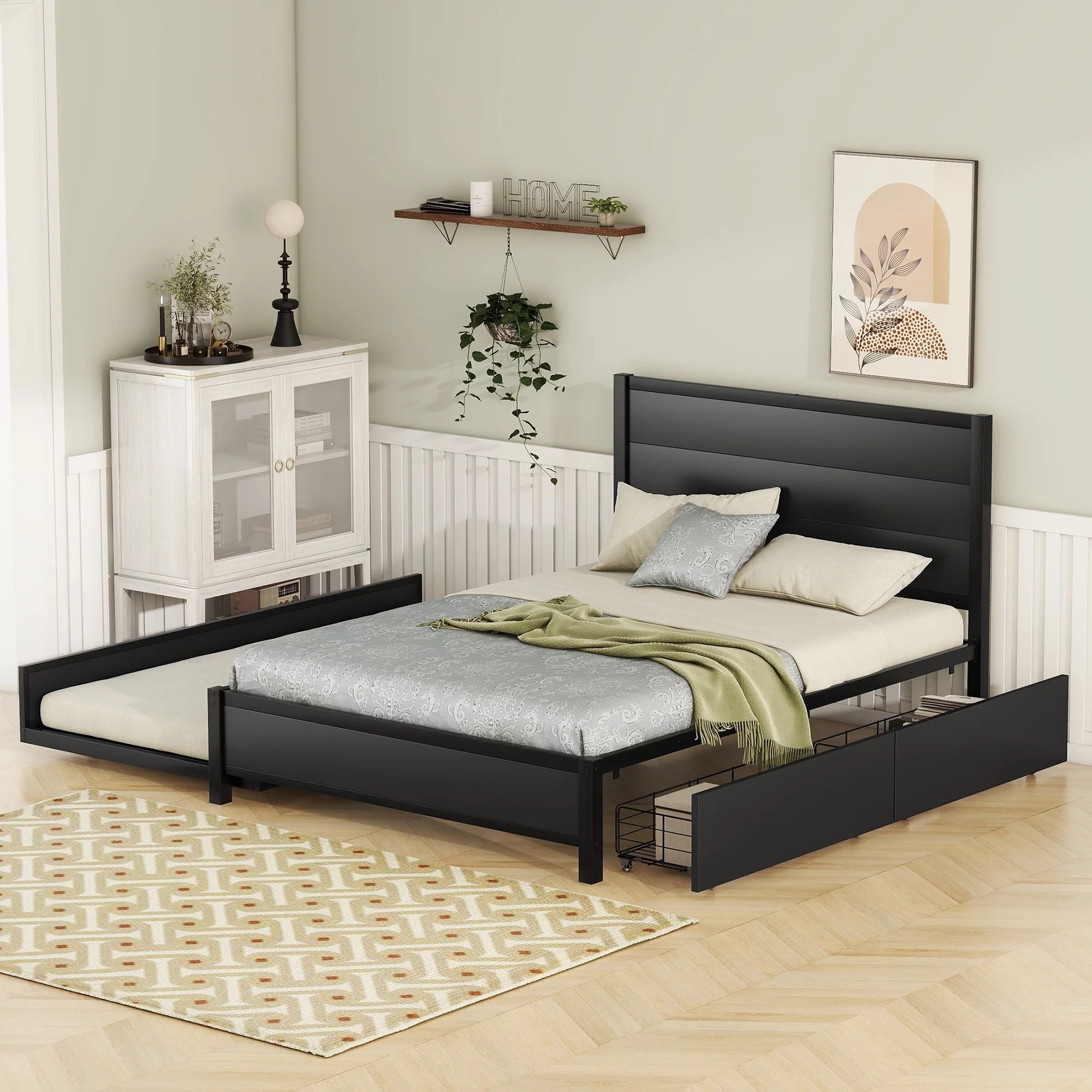 CoSoTower Metal Full Size Storage Platform Bed with Twin Size Trundle and 2 Drawers, Black