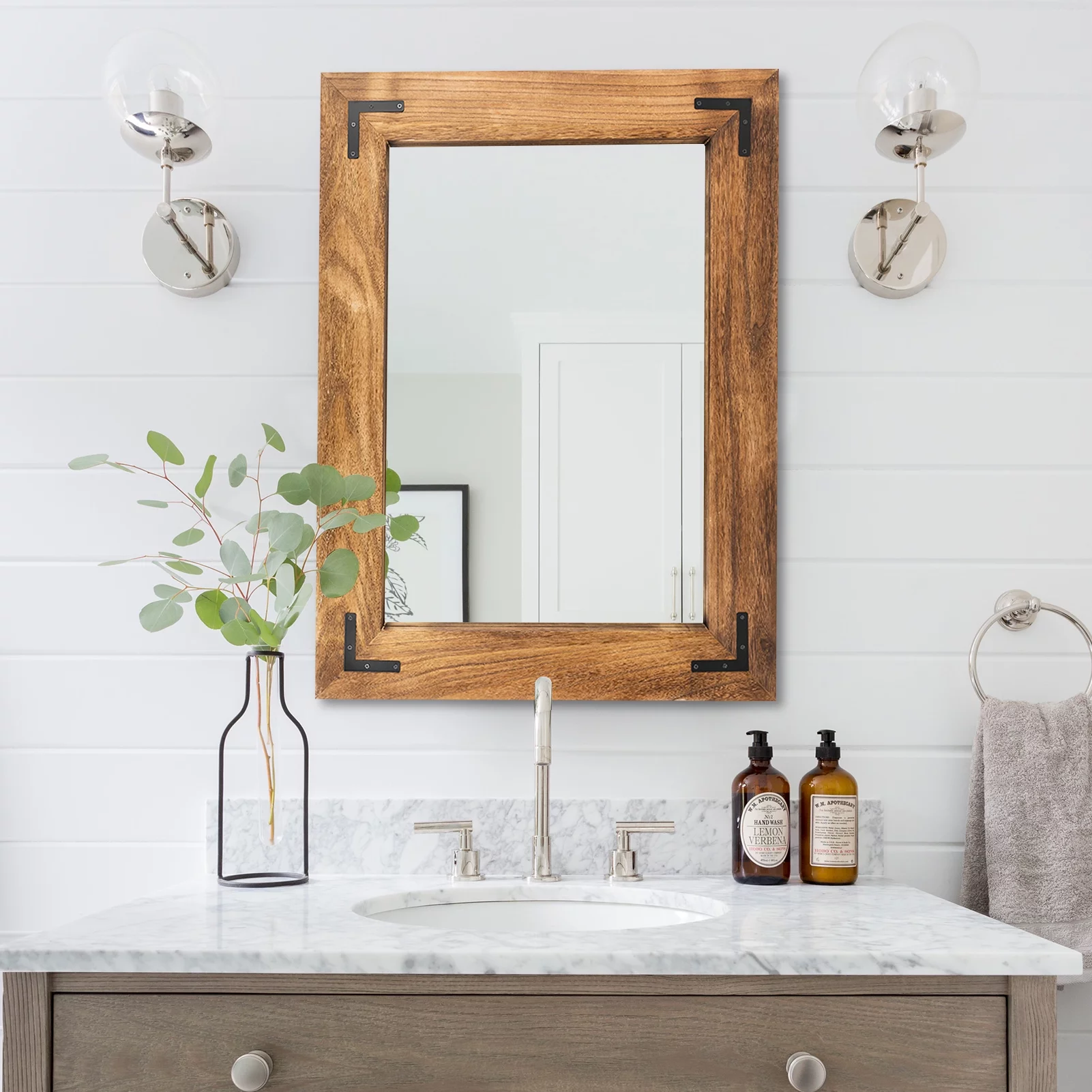 YOSHOOT Rustic Wooden Framed Wall Mirror,Decorative Wood Wall Mirror for Living Room or Bathroom Vanity,Farmhouse Bathroom Mirror Rectangle Hanging Mirror Home Wall Decor Brown 26x18