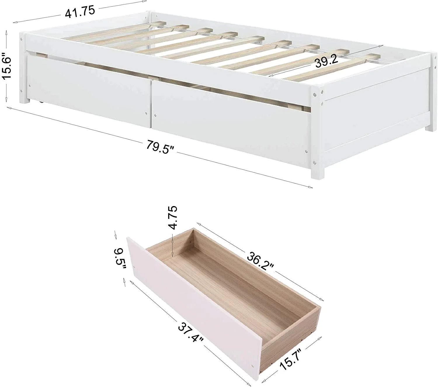 Twin Size Daybed with 2 Storage Drawers, Pine Wood Platform Bed Frame for Kids, Teens & Adults, No Headboard, No Box Spring Needed, Easy to Assemble, White