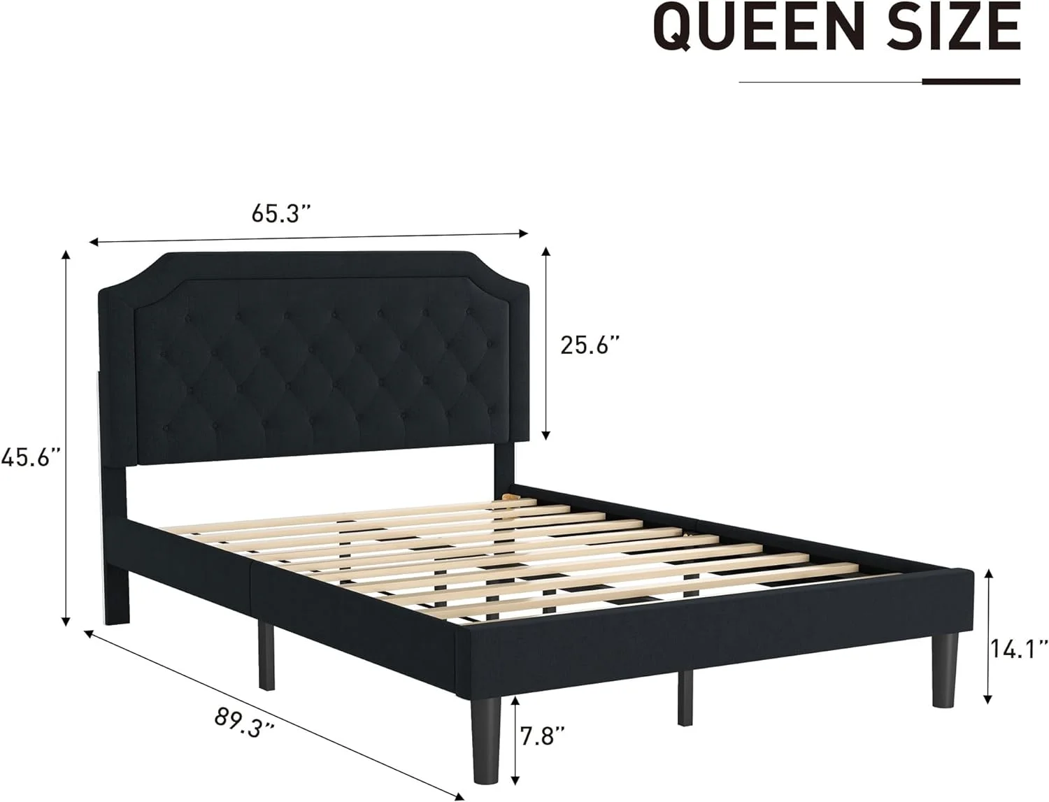 Queen Bed Frame With Button-Tufted Headboard, Modern Platform Bed Frame Queen Size With Under-Bed Storage Space, Solid Wooden Slats, No Box Spring Needed, Noise-, Black