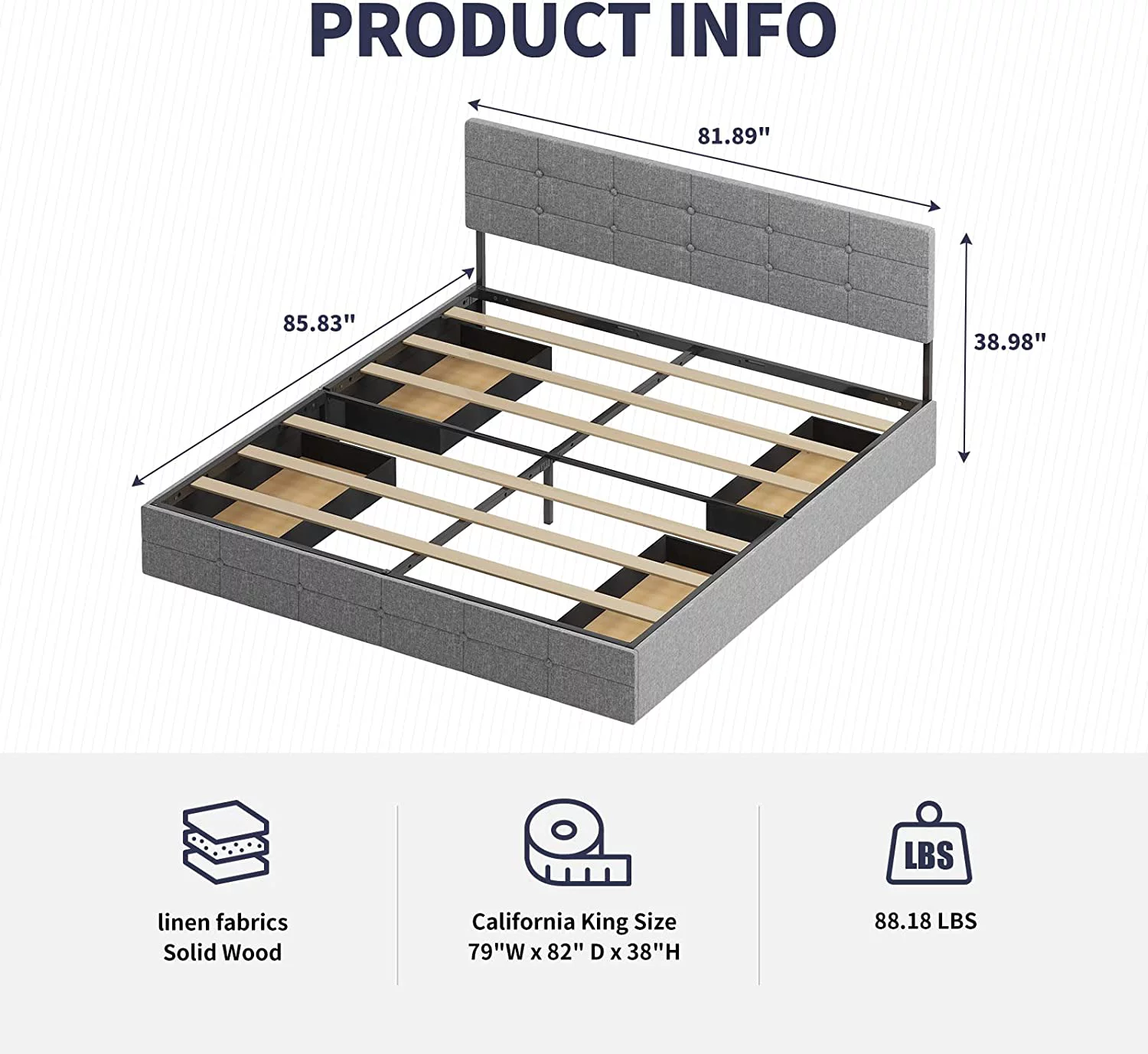 King Platform Bed Frame with 4 Storage Drawers King Size Bed Frame and Linen Fabric Headboard Square Stitched Button Tufted Design Wooden Slats Support No Box Spring Needed Beige