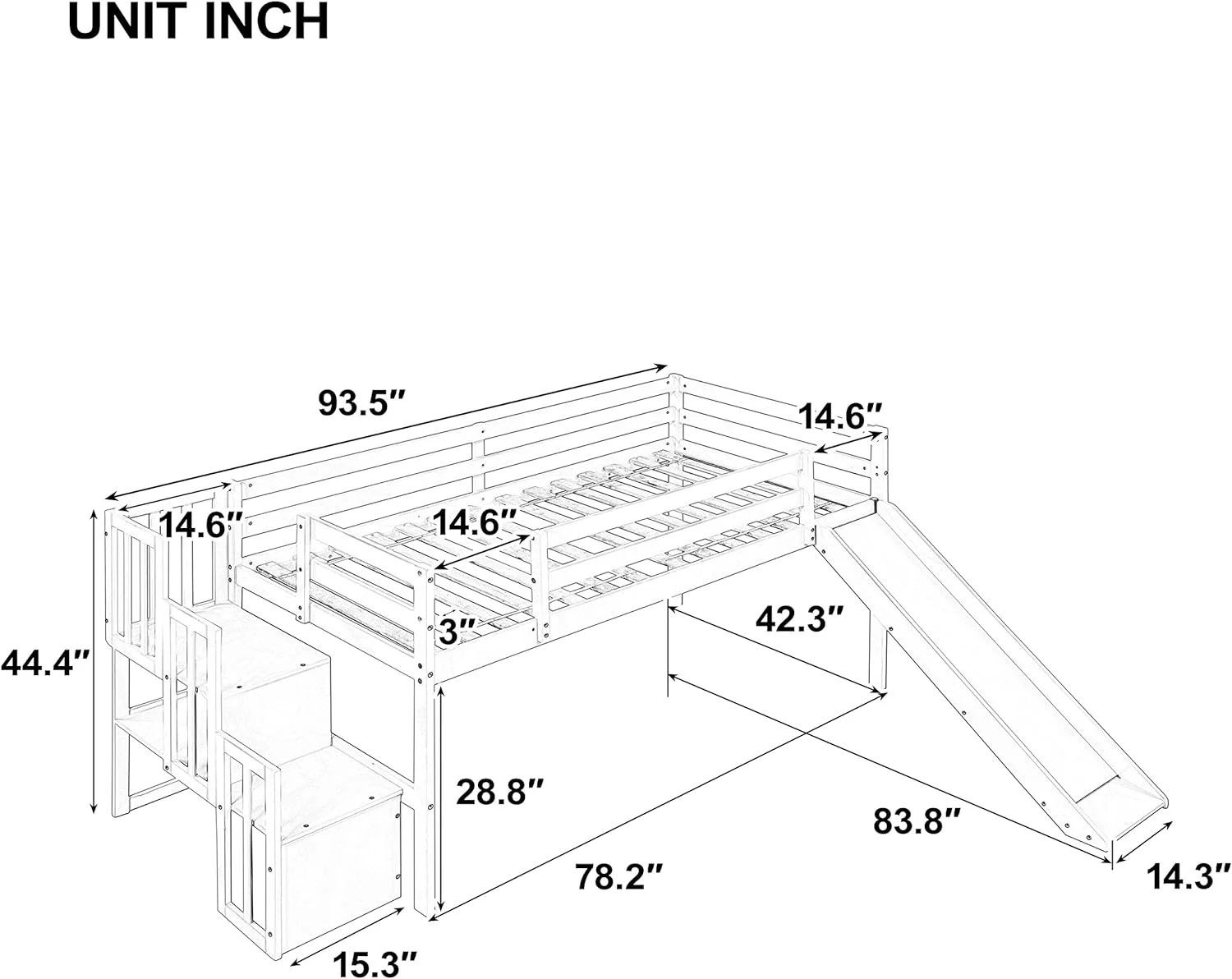 Kids Loft Bed With Slide, Low Loft Bed Frame With Stairs And Storage Shelves, Slide Loft Bed For Boys And Girls, No Box Spring Needed, Grey