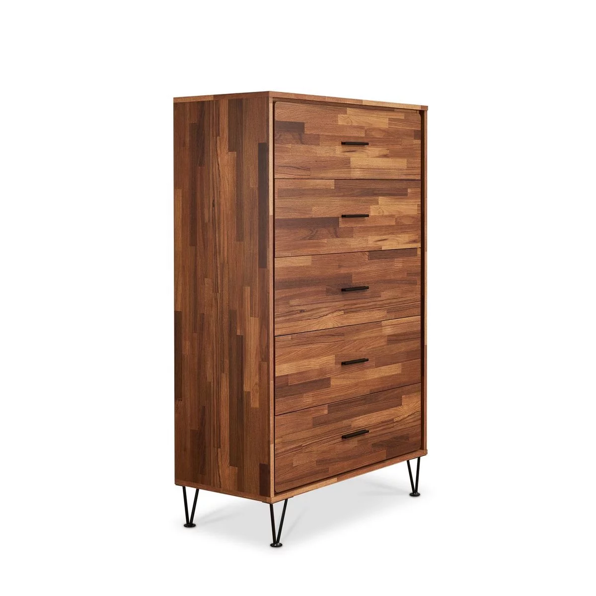 Contemporary Rustic Wooden Finish Chest Tower Unit with Metal Feet for Bedroom, Classic 5 Drawer Dresser for Ample Storage - Brown