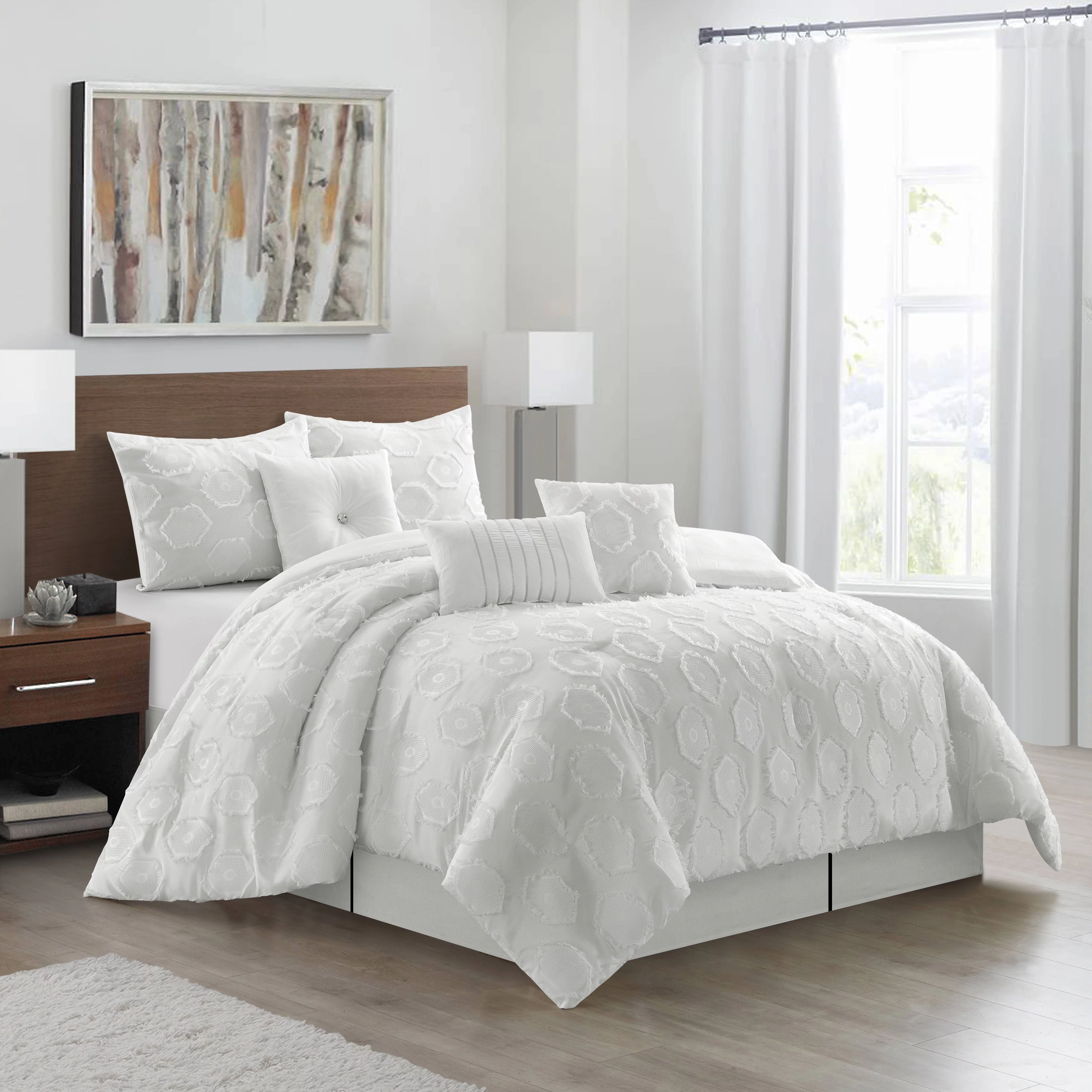 Lanco Honeycomb Shabby Chic 7 Piece Comforter Set White, Bed Size Queen, Luxury