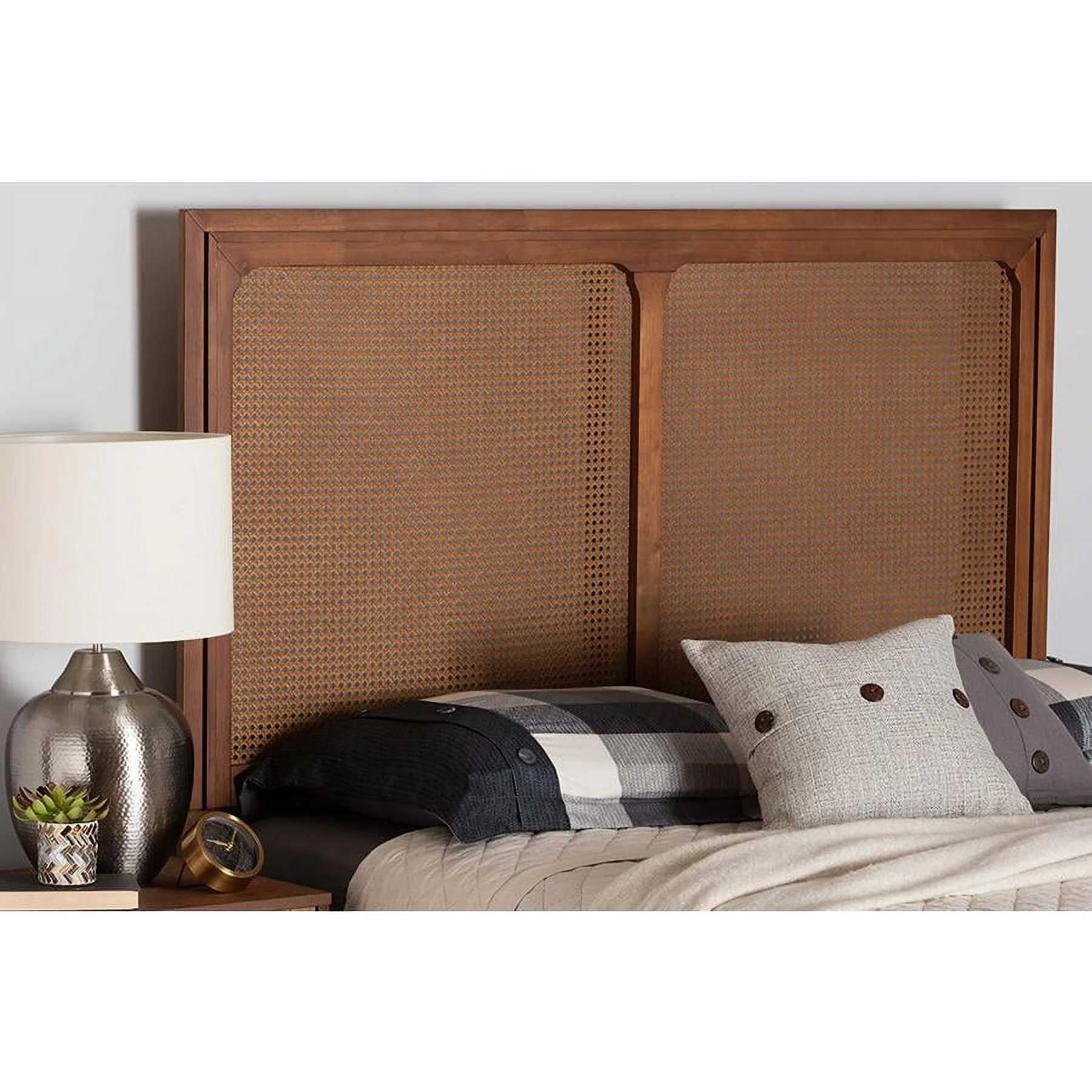 Baxton Studio Prewitt Wood & Rattan Queen Size Headboard in Ash Walnut