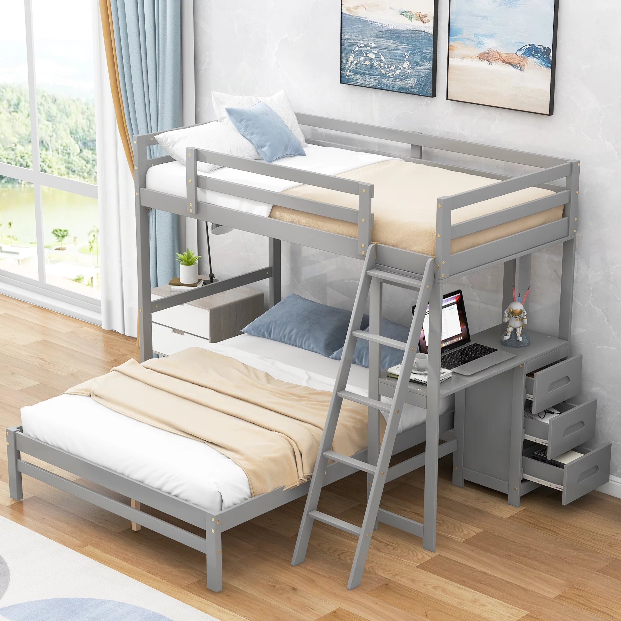 CoSoTower Twin over Full Bunk Bed with Built-in Desk and Three Drawers, Grey