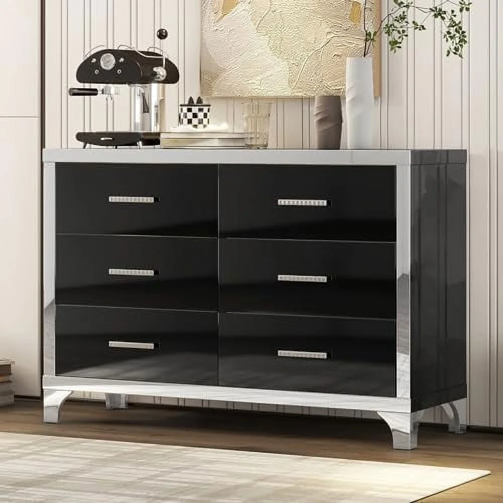 GEROBOOM Modern Mirrored 6-Drawer Dresser High Gloss Wooden Dresser with Metal Handles for Bedroom Living Room Mirrored Silver Frame Black