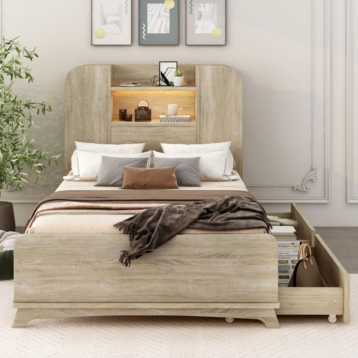 Twin Size Solid Wood Bed Frame with Two Drawers and Light Strip Design in Headboard, Platform Bed Frame, Mid Century Bedframe, Wood Foundation(Natural, Twin)