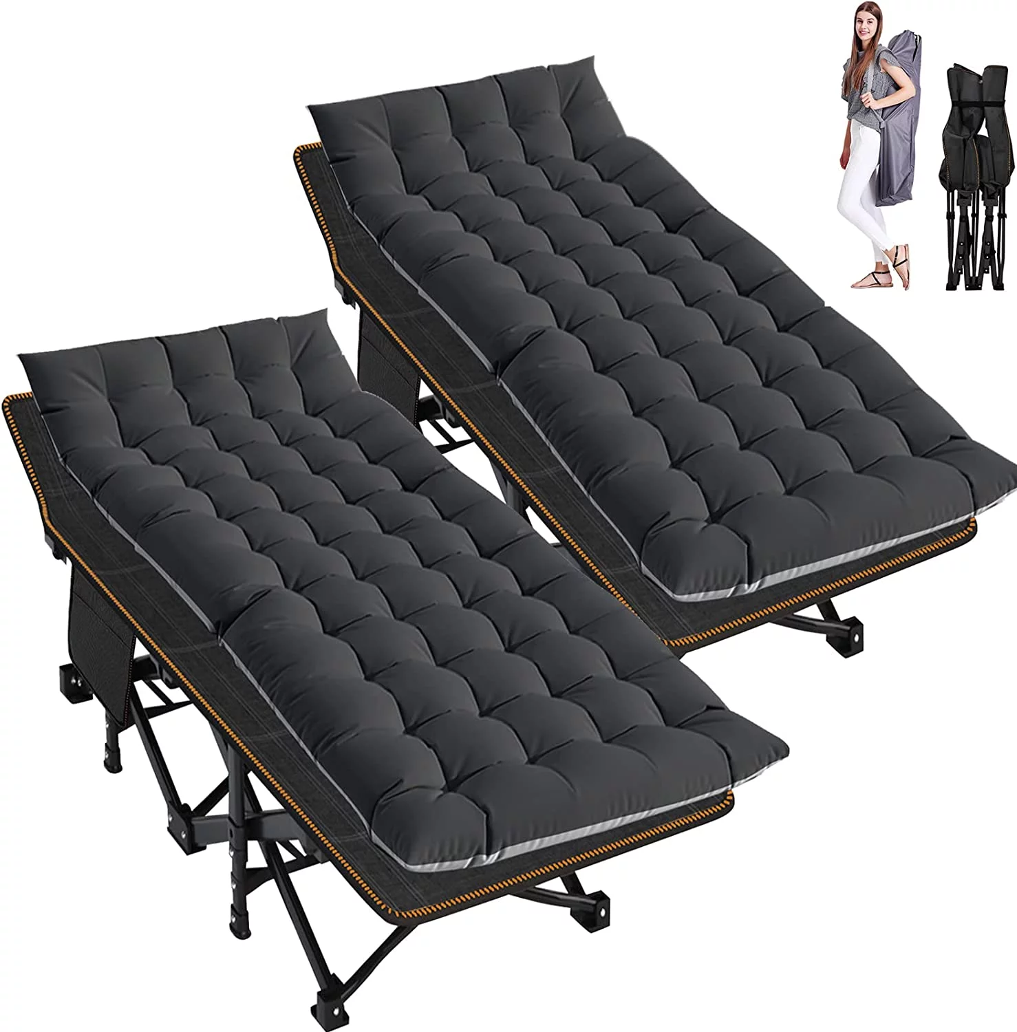 Slsy Folding Camping Cot for Adults, 2 Packs Heavy Duty Sleeping Cots, Lightweight Folding Cot Guest Bed with Mattress and Carry Bag, Supports 880 lbs