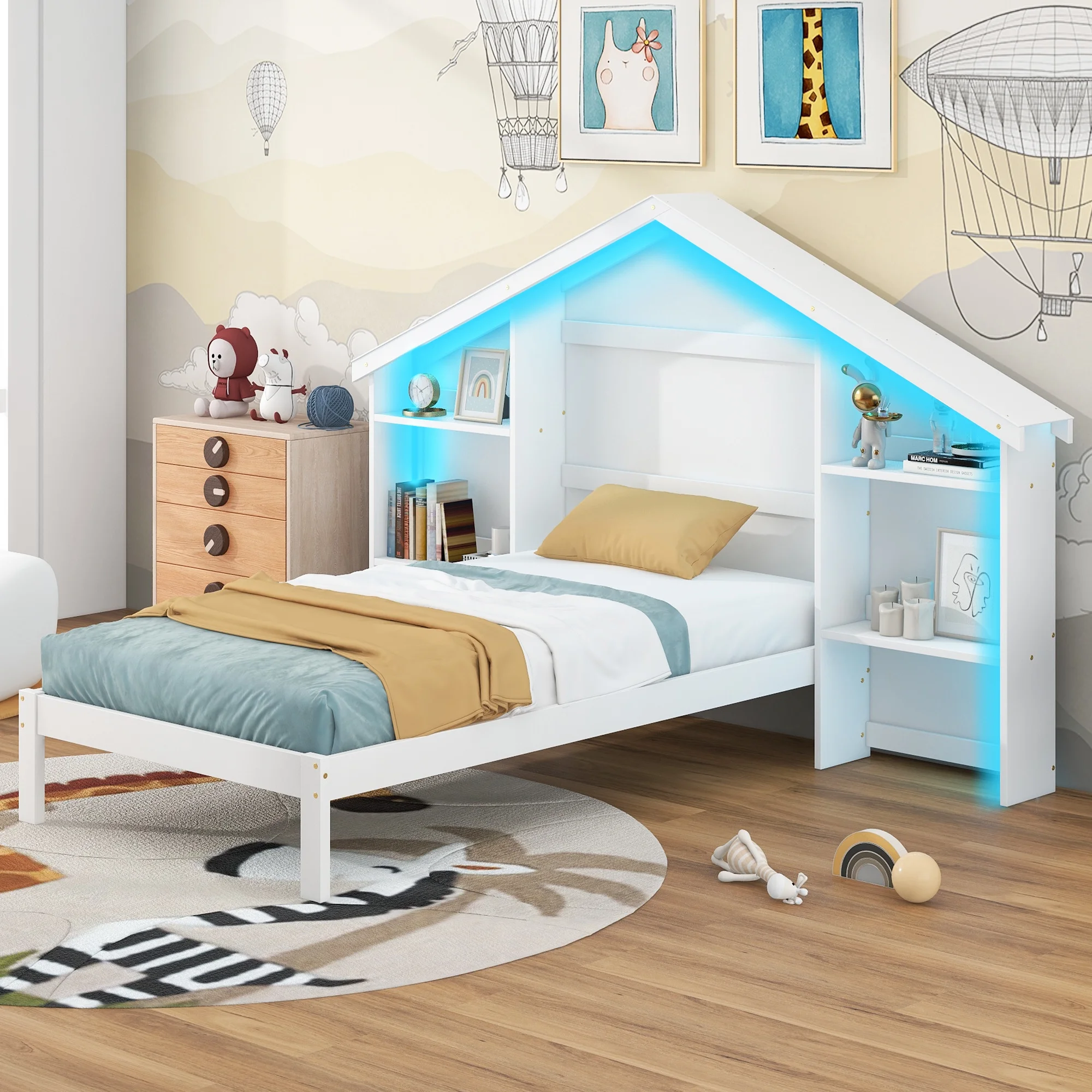 Wood Twin Size Platform Bed with House-shaped Storage Headboard and Built-in LED, White(Expected Arrival Time: 3.19)