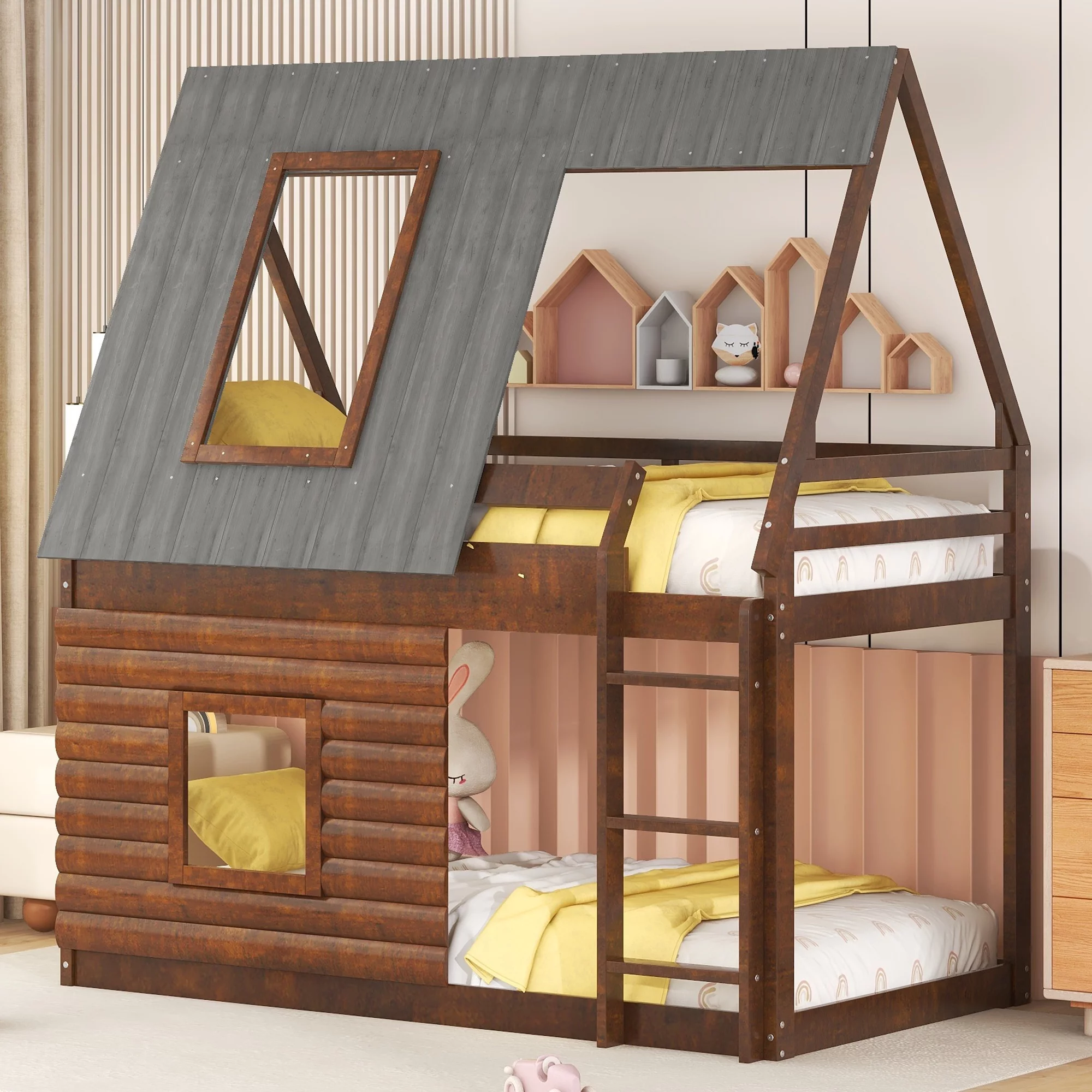 Churanty Kids Low House Bunk Bed with Roof, Wood Twin Size Floor Bunk Bed with Window for Teens Girls Boys Bedroom,Oak & Smoky Grey
