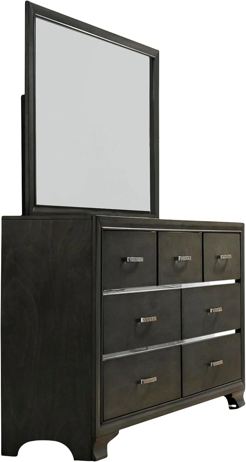 Kings Brand Furniture – 5-Piece Gray Wood with Faux Leather Headboard Queen Bedroom Set. Bed, Dresser, Mirror & 2 Nightstands
