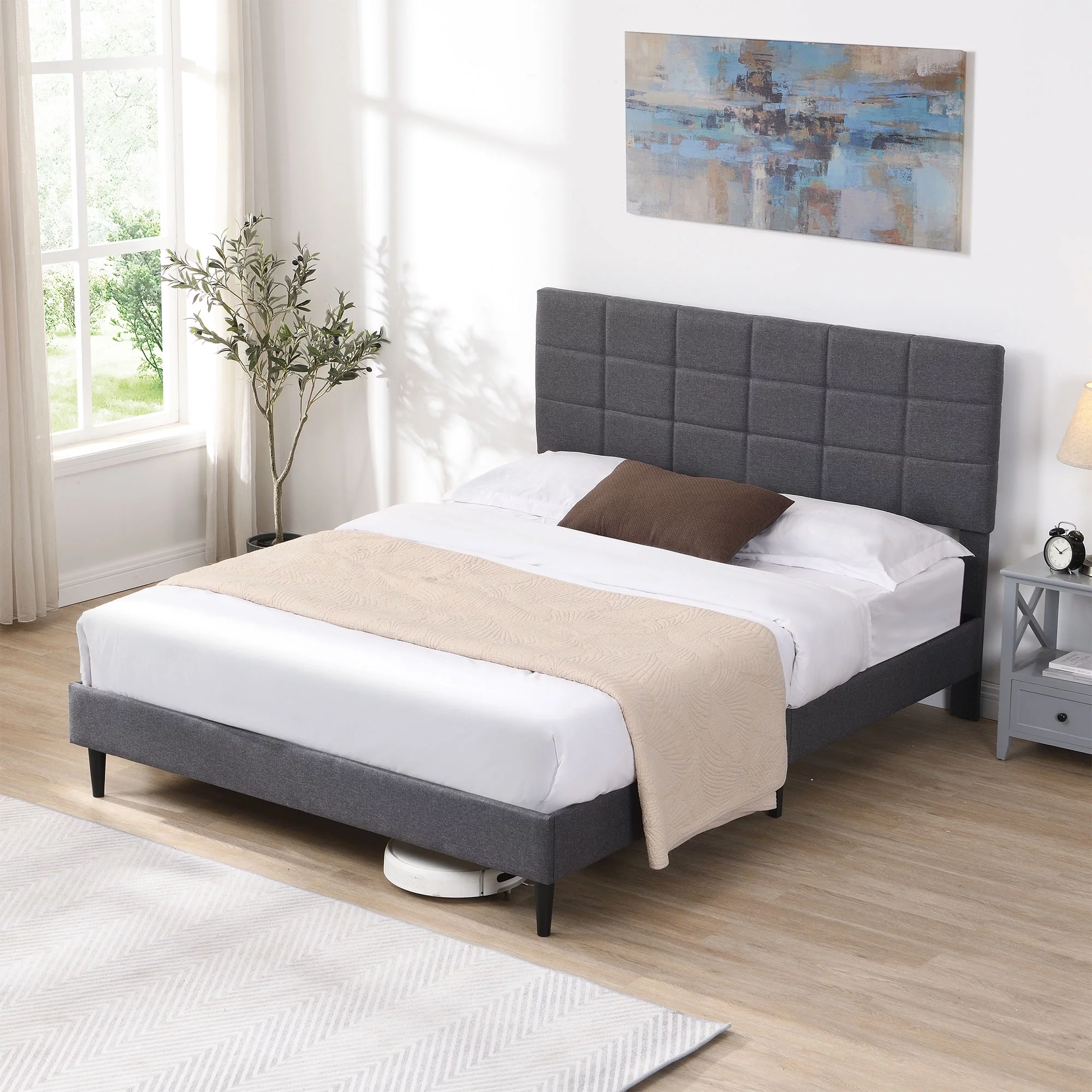 Momspeace Bed Frame Queen Size with Headboard and Strong Wooden Slats Upholstered Platform Bed, Gray