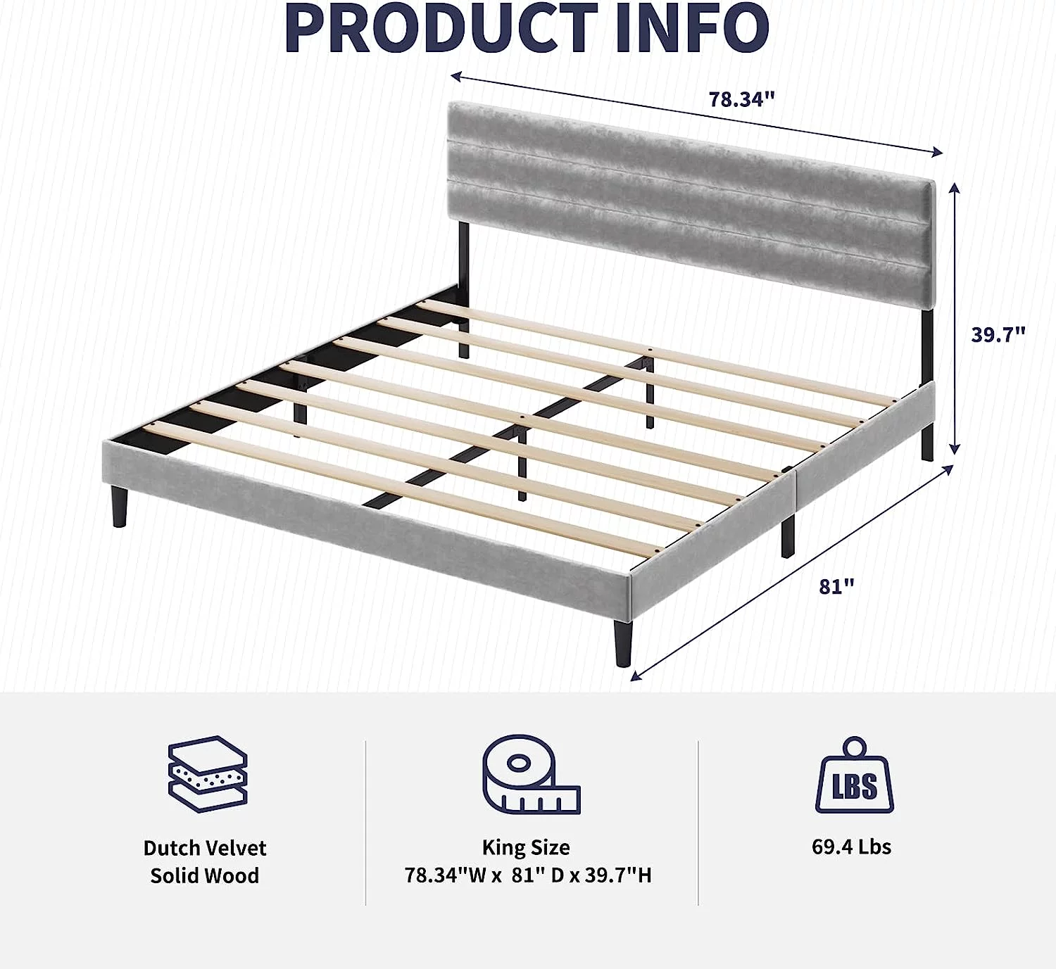 ZAFLY King Size Platform Bed Frame with Adjustable Headboard, Upholstered Dutch Velvet Fabrics Bed Frame, Modern Wood Slats Bed Frame for Bedroom, Light Grey