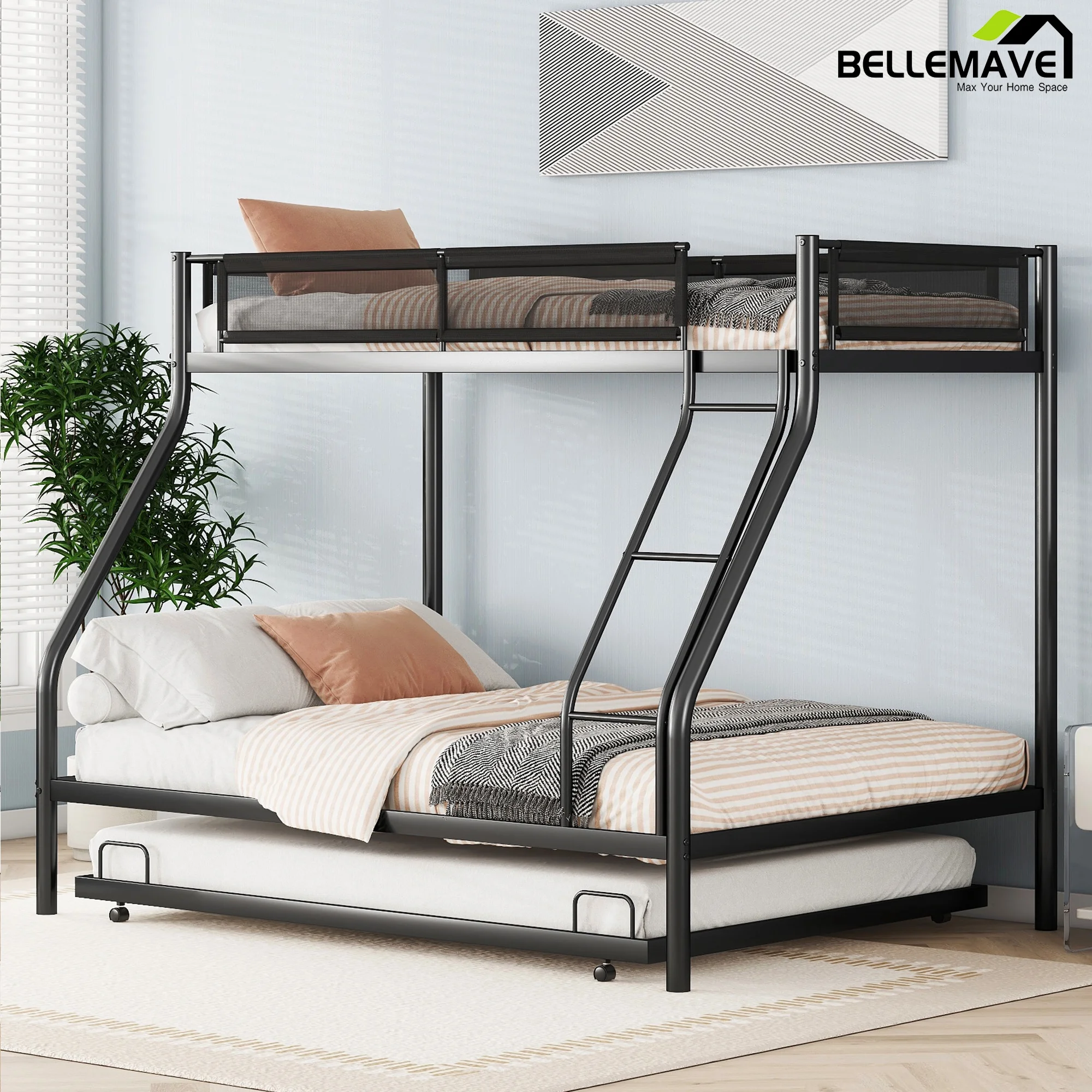 Bellemave Metal Bunk Bed with Trundle Twin over Full Size Bunk Bed with Textilene Guardrail and Wooden Slats Noise Reduced Metal Bunk Bed Frame for Kids, Teens, Adults, Black