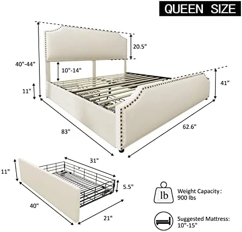 HBBOOMLIFE Queen Size Bed Frame with 4  Drawers and Headboard  Queen Velvet Upholstered Platform Bed with  Curved Adjustable Headboard/Strong Wooden Slats/Easy Assembly/Cream