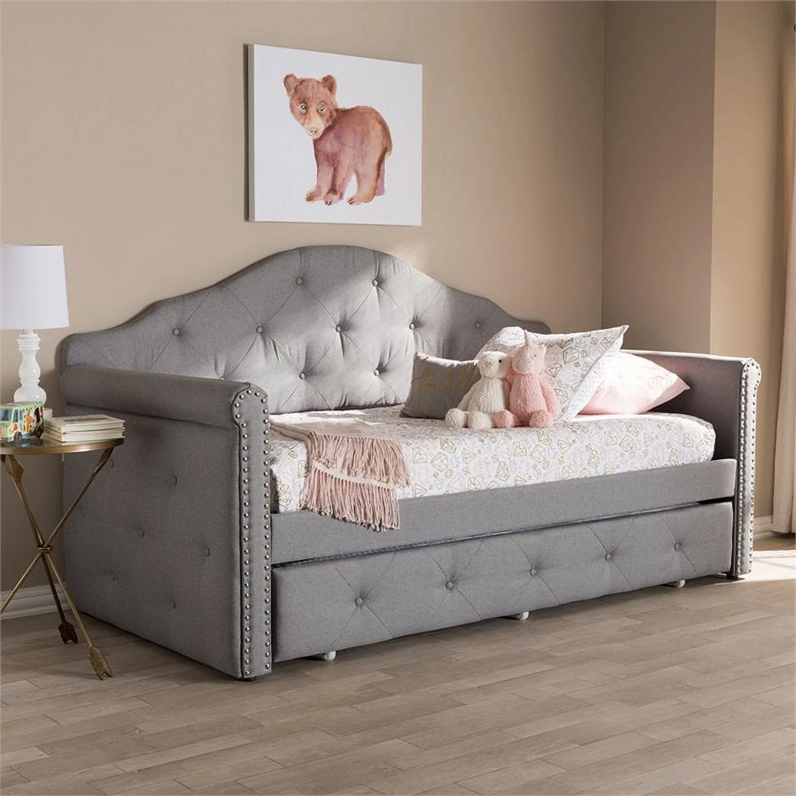 Bowery Hill Contemporary Fabric Tufted Daybed with Trundle in Gray