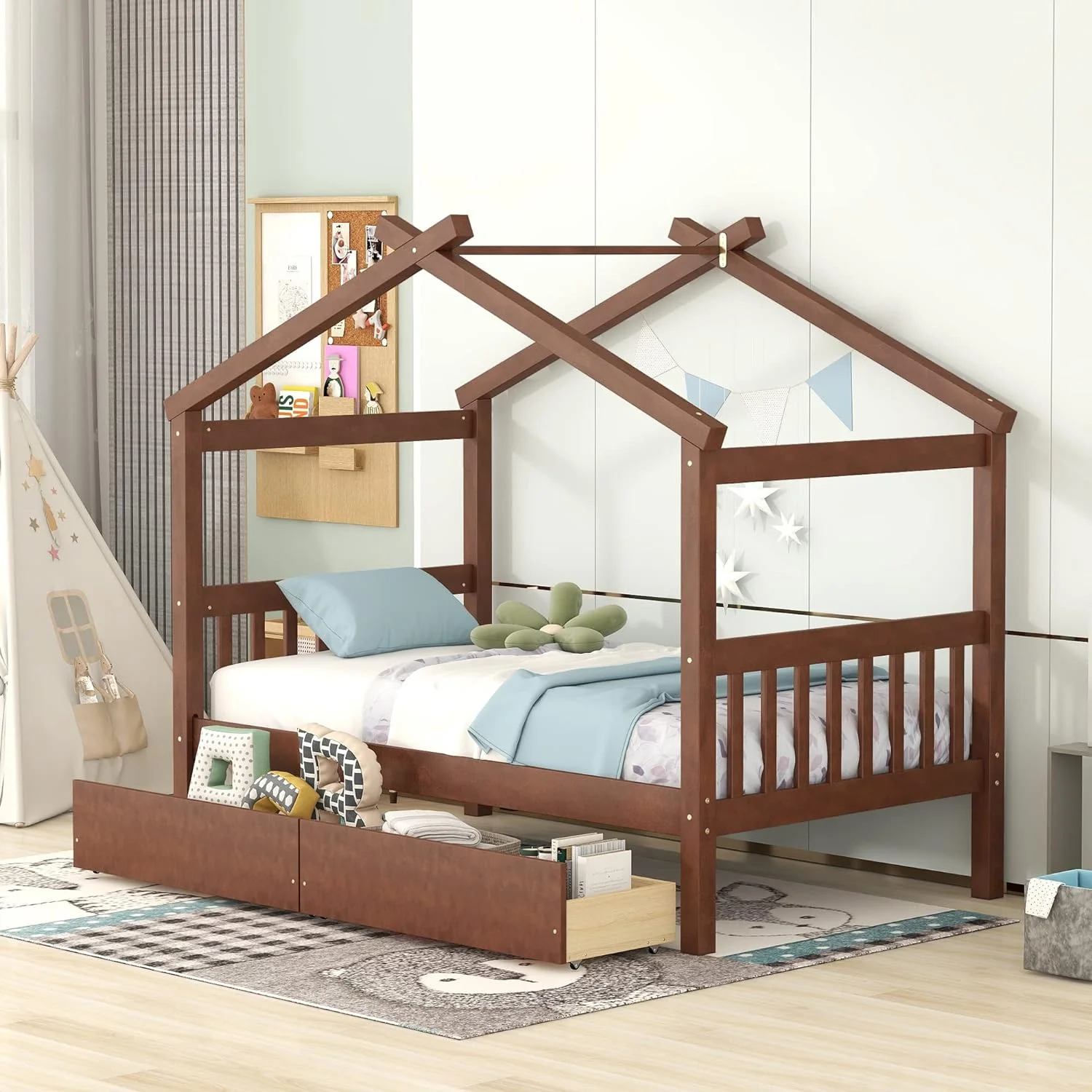 Size House Bed With Drawers, Wooden Platform Bed Frame With Headboard And Footboard, Roof Design, For Guest Room/Living Room, Walnut