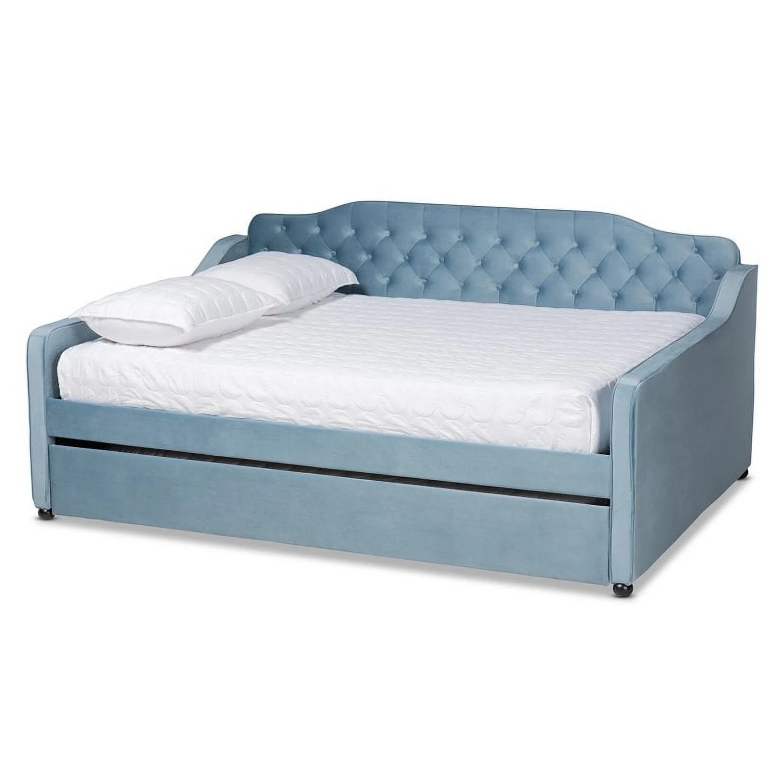 Bowery Hill Transitional Velvet Tufted Full Size Daybed with Trundle in Blue