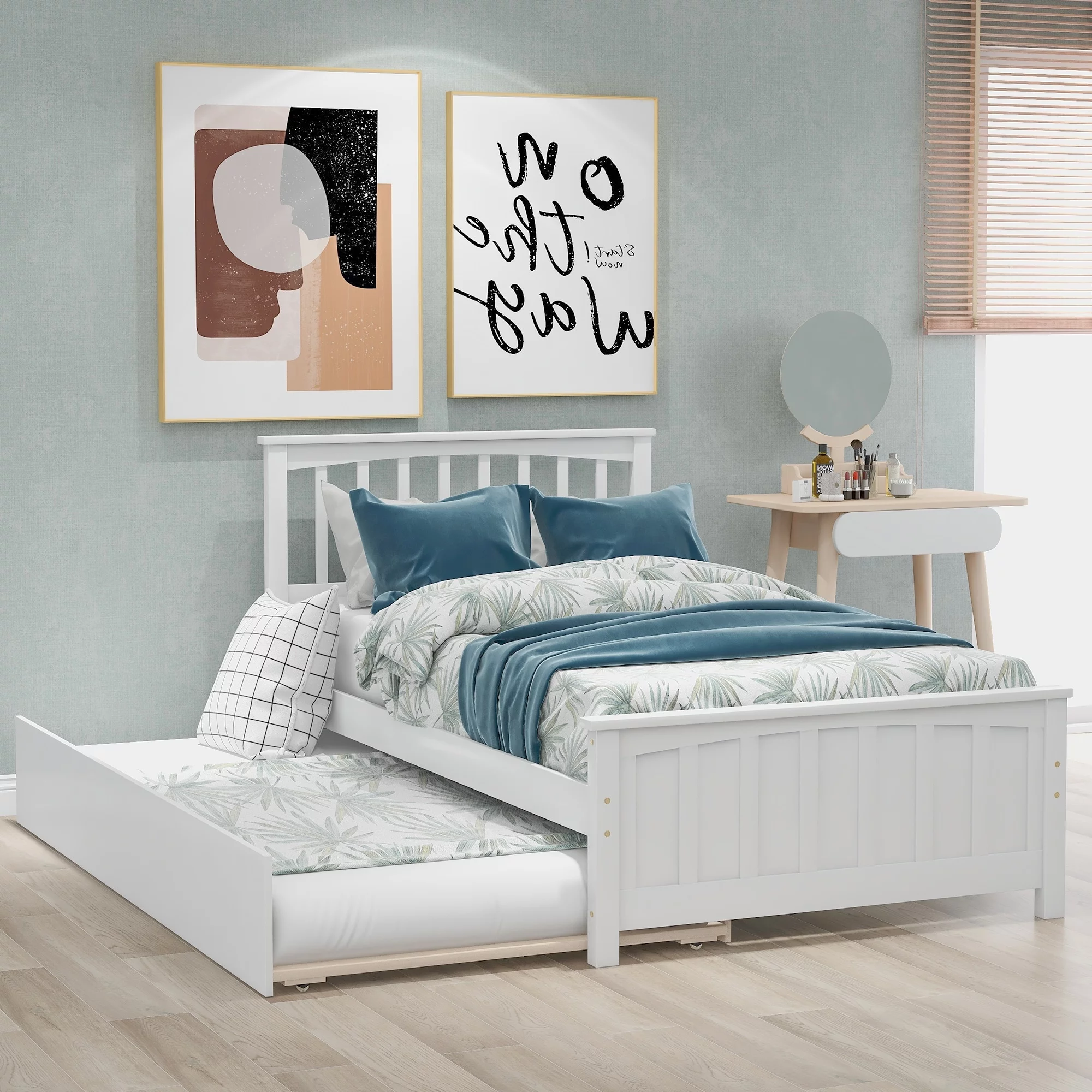 Nestfair Twin Size Wooden Platform Bed with Trundle White