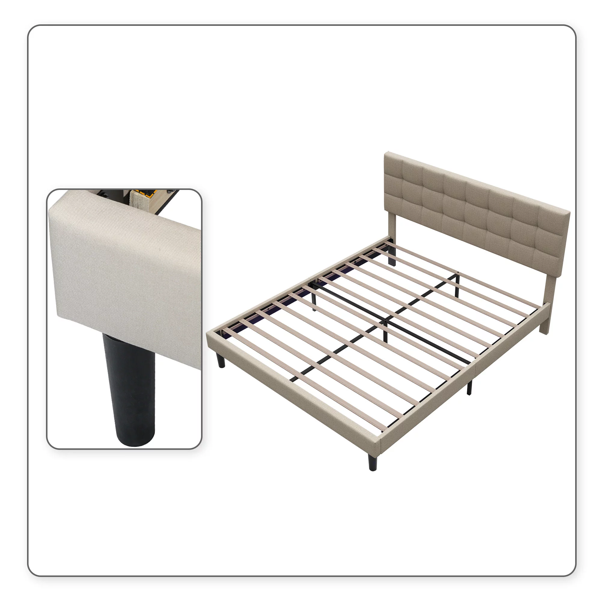 Modern and Elegant Linen Fabric Queen Size Upholstered Platform Bed with Adjustable Headboard and Wooden Frame, Beige