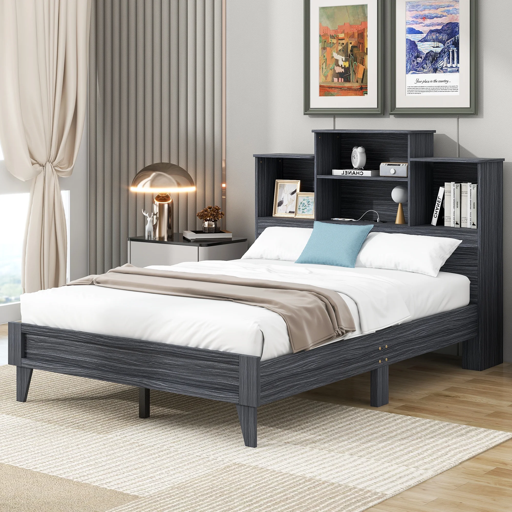 EUROCO Wood Full Size Platform Bed with Storage Headboard, Open Shelf and USB Charging for Kids Teens Adults