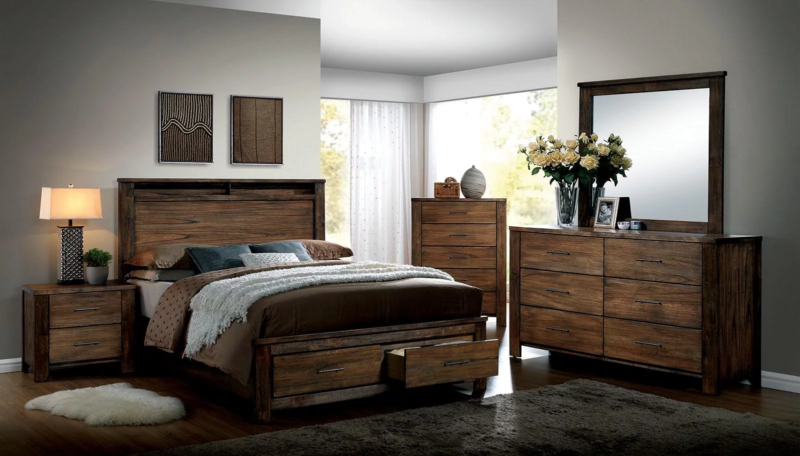 Cottage Oak Solid Wood Queen Bedroom Set 6pcs FOA CM7072-Q Elkton