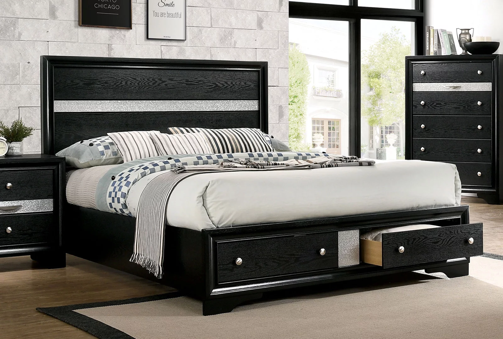 Contemporary Black Color Eastern King Size Bed Black Color 1pc Bed Bedroom Furniture Panel HB
