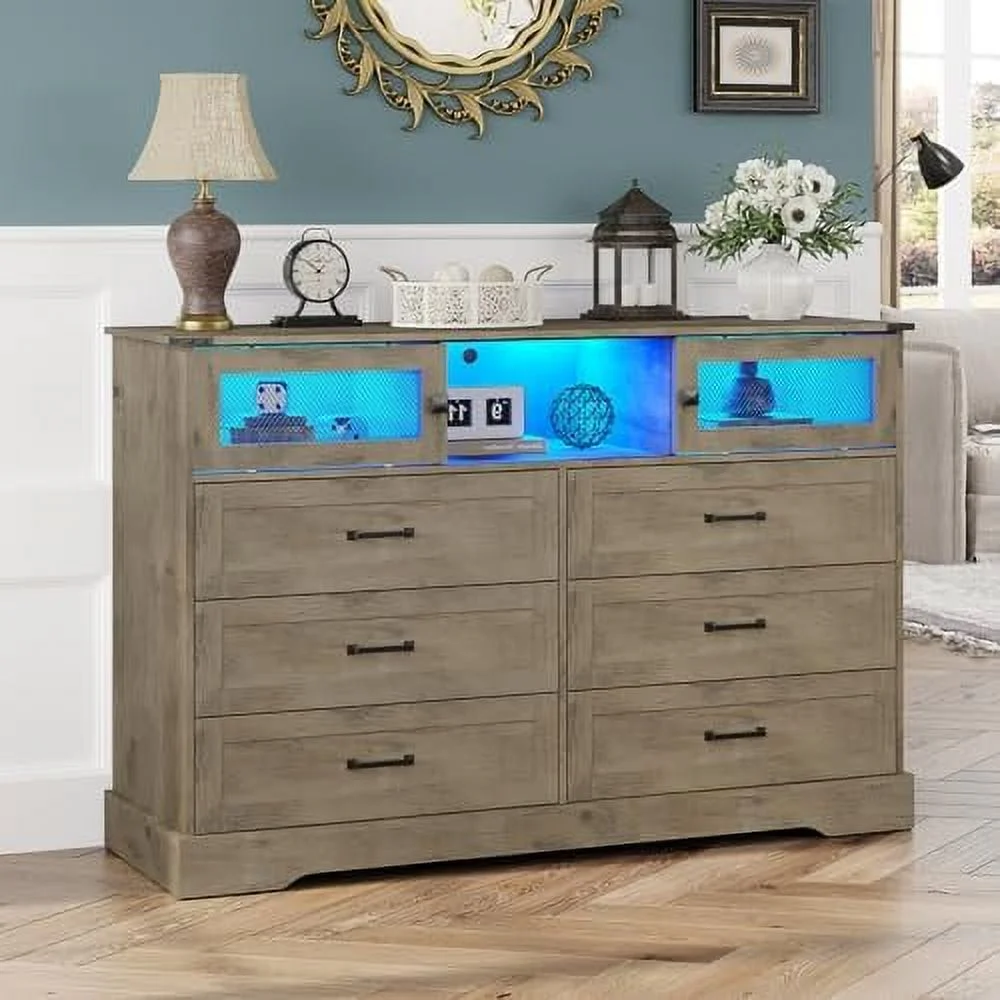 KHBIULIFE Farmhouse 6 Drawer Dresser with Charging Station  LED Dresser with 2 Sliding Doors  Wood Wide Chest of Drawers   Dressers Organizer for Bedroom  Living Room  Rustic Oak