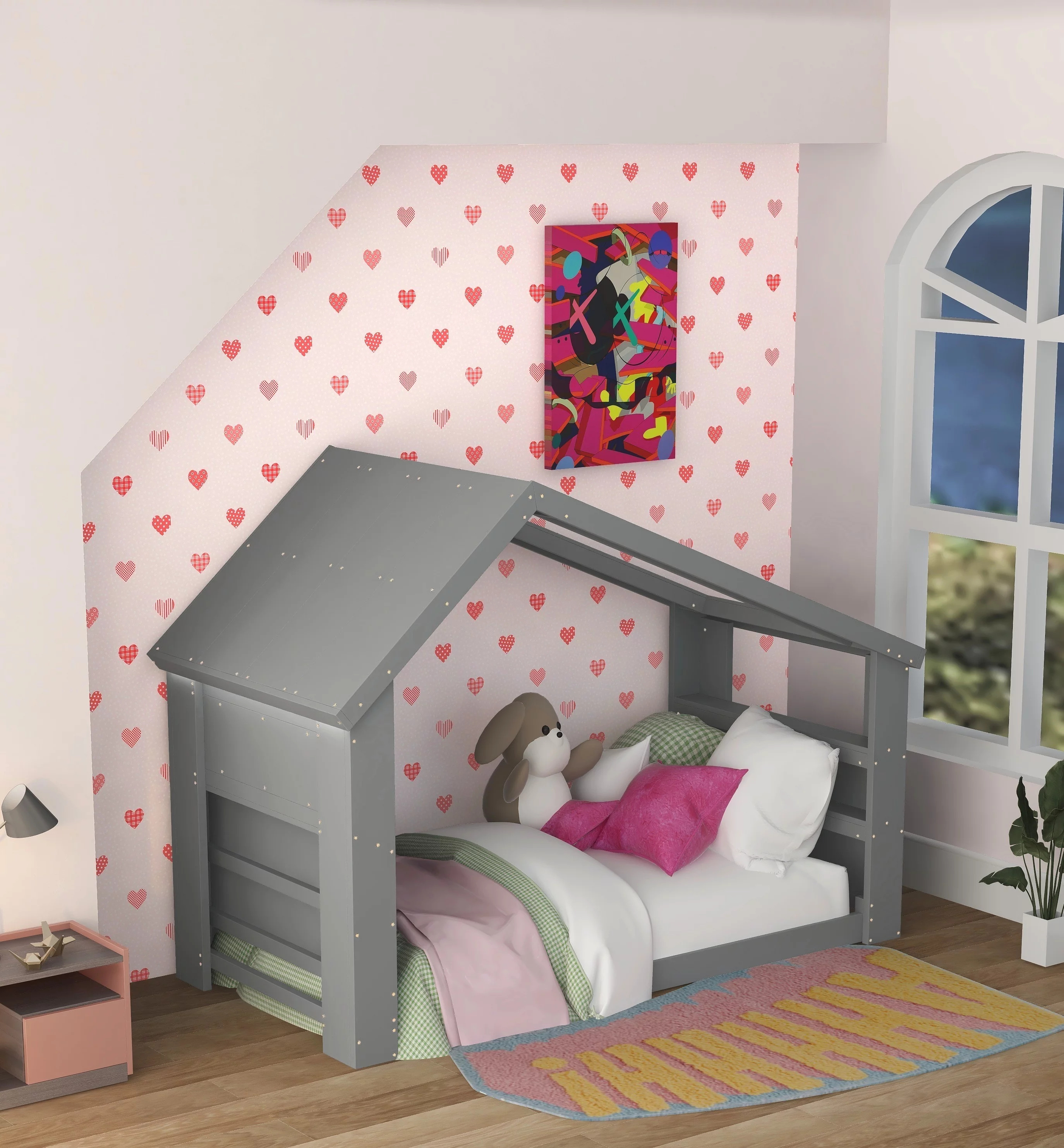 Bellemave Kids Twin House Floor Bed Frame with Led Light, Storage Heaboard & Footboard, Wood Montessori Toddler Floor Bed with Roof and Window for Boys and Girls, No Box Spring Needed (Gray)