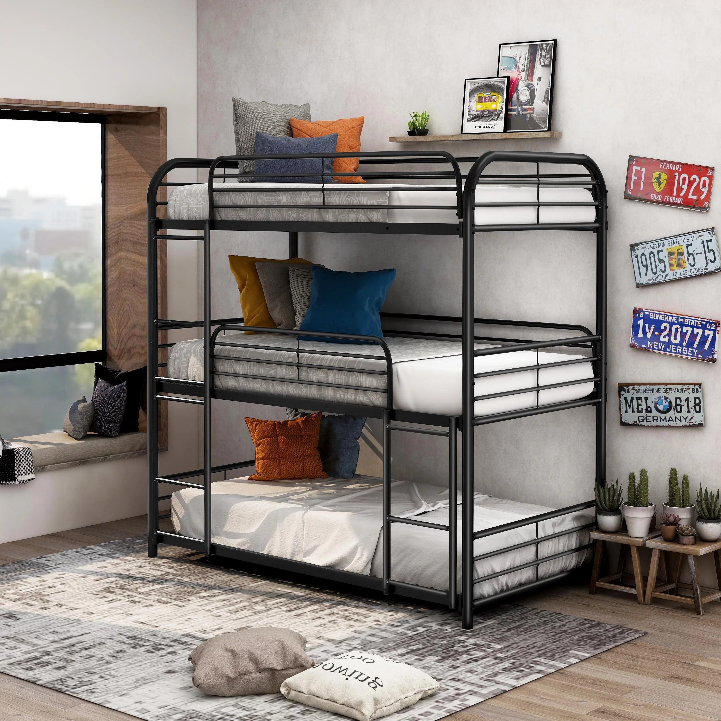 Furniture of America Zord Transitional Twin Metal Triple Bunk Bed with Slatted Guardrails by Silver