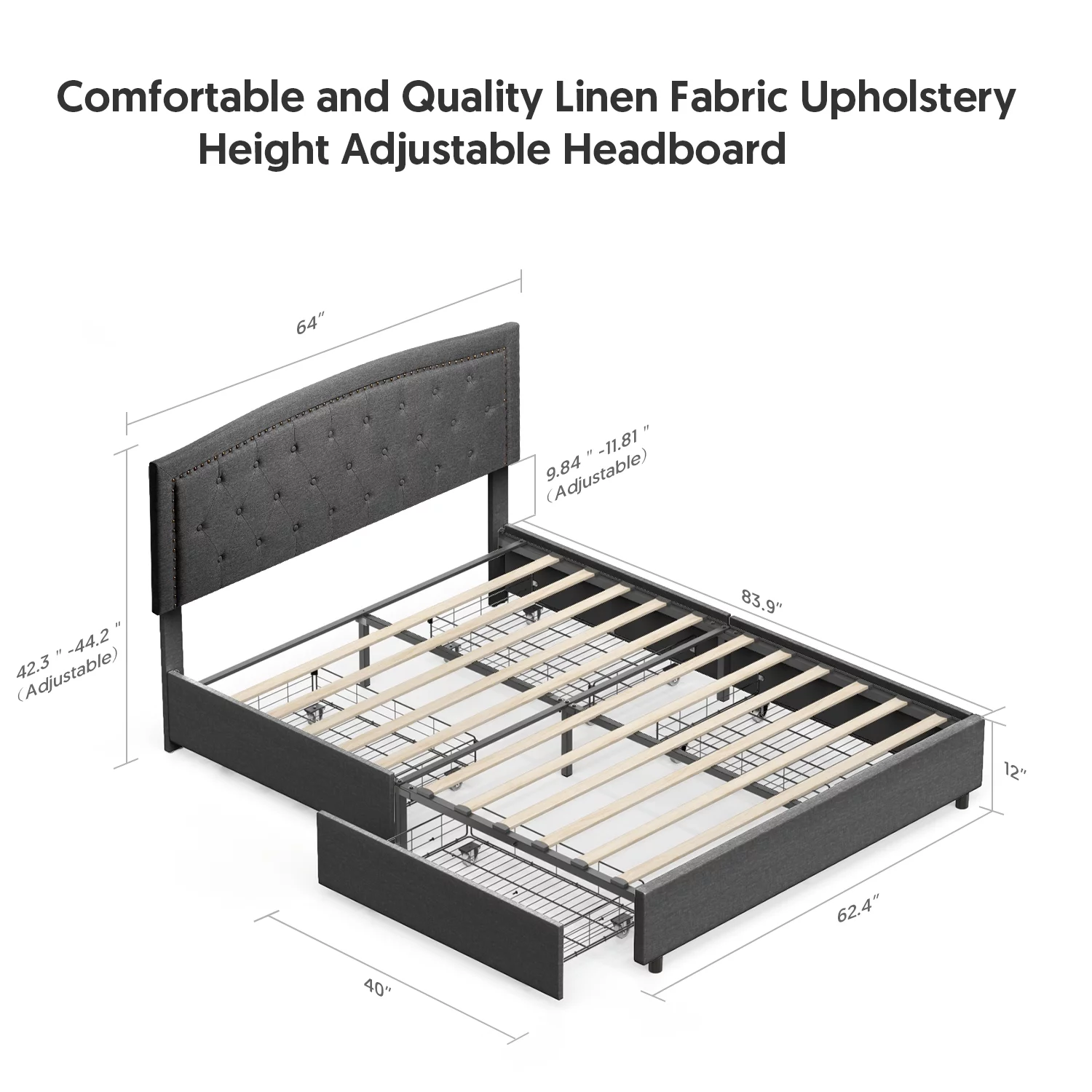 Queen Size Storage Bed Frame Upholstered Low Profile Traditional Platform with Tufted and Nail Headboard/No Box Spring Needed/4 Pull Out Drawers/Dark Grey Linen Fabric