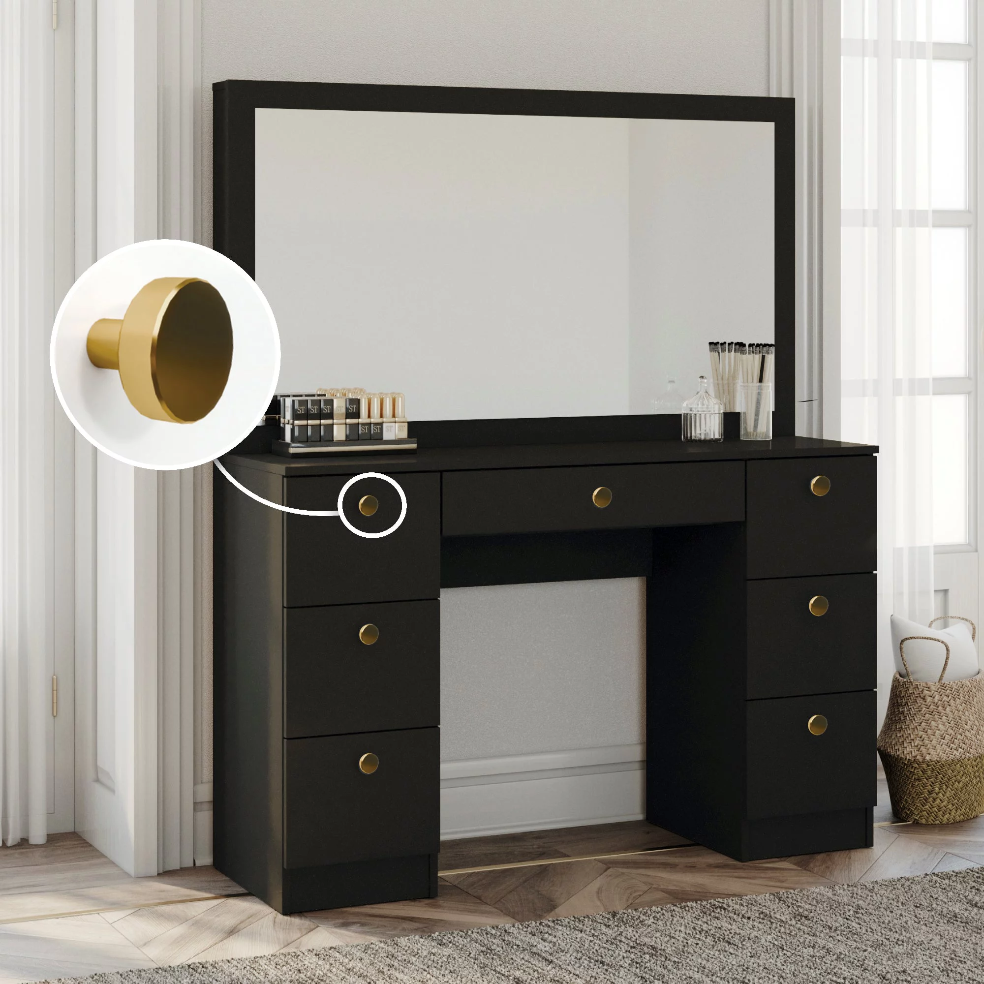 Boahaus Artemisia Modern Black Painted Makeup Vanity Table with Golden Knobs, for Bedroom