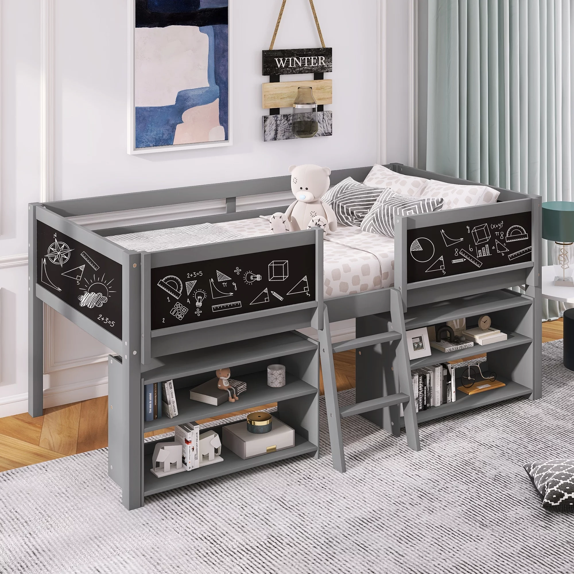 Euroco Wood Twin Loft Bed with Chalkboards for Bedroom, Low Profile Bed with Blackboard and Shelves, Gray
