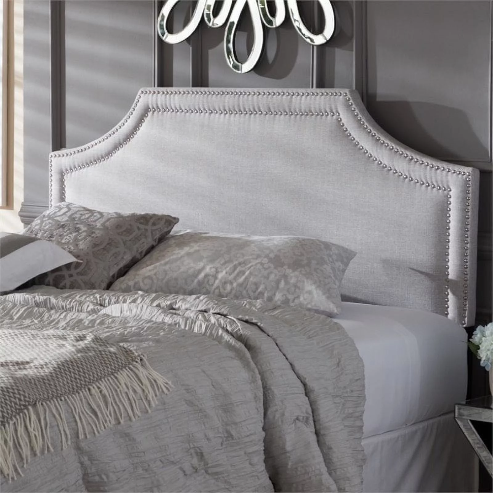 Pemberly Row Upholstered King Headboard in Grayish Beige Finish