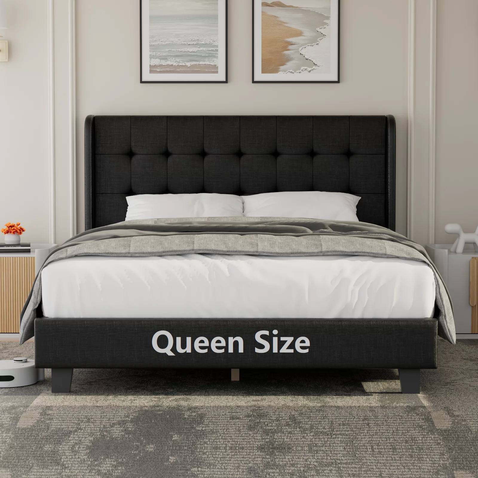 Nathaniel Home Cotton Linen Tufted Upholstered Bed, Queen Platform Bed Frame, Low Profile Platform Beds Strong Wooden Slats, Adult Black