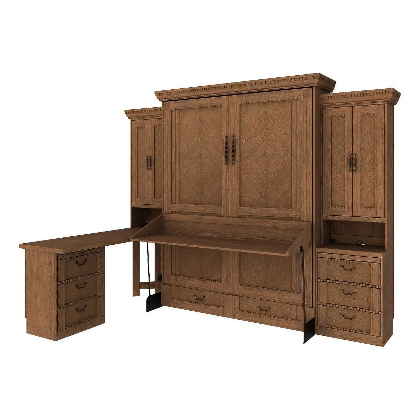 RoomAndLoft Queen Wood Murphy Wall Desk Bed & 2 Shelf Storage Units in Brown
