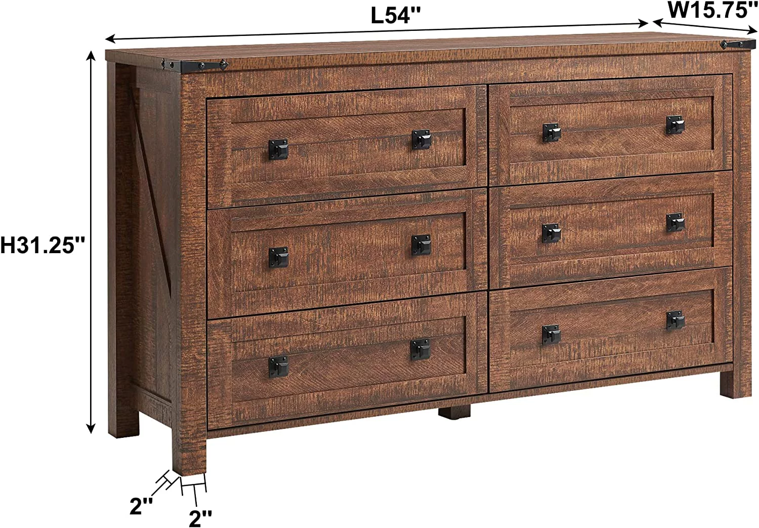 Farmhouse 6 Drawers Dresser Chests for Bedroom Wood Rustic Wide Chset of Drawers Storage Dressers Organizer for Bedroom Living Room Hallway Dark Rustic Oak