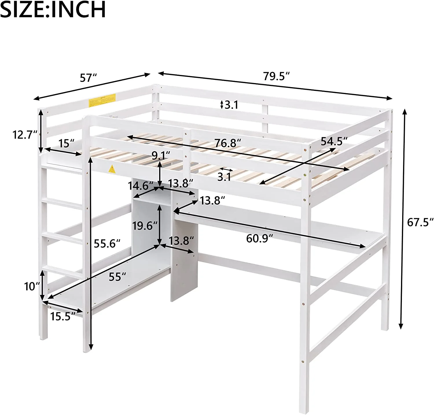 Full Size Loft Bed With Storage Shelves And Under-Bed Desk For Kids, Bedroom, Study Wood Bedframe, Space-Saving, No Spring Box Needed(White)