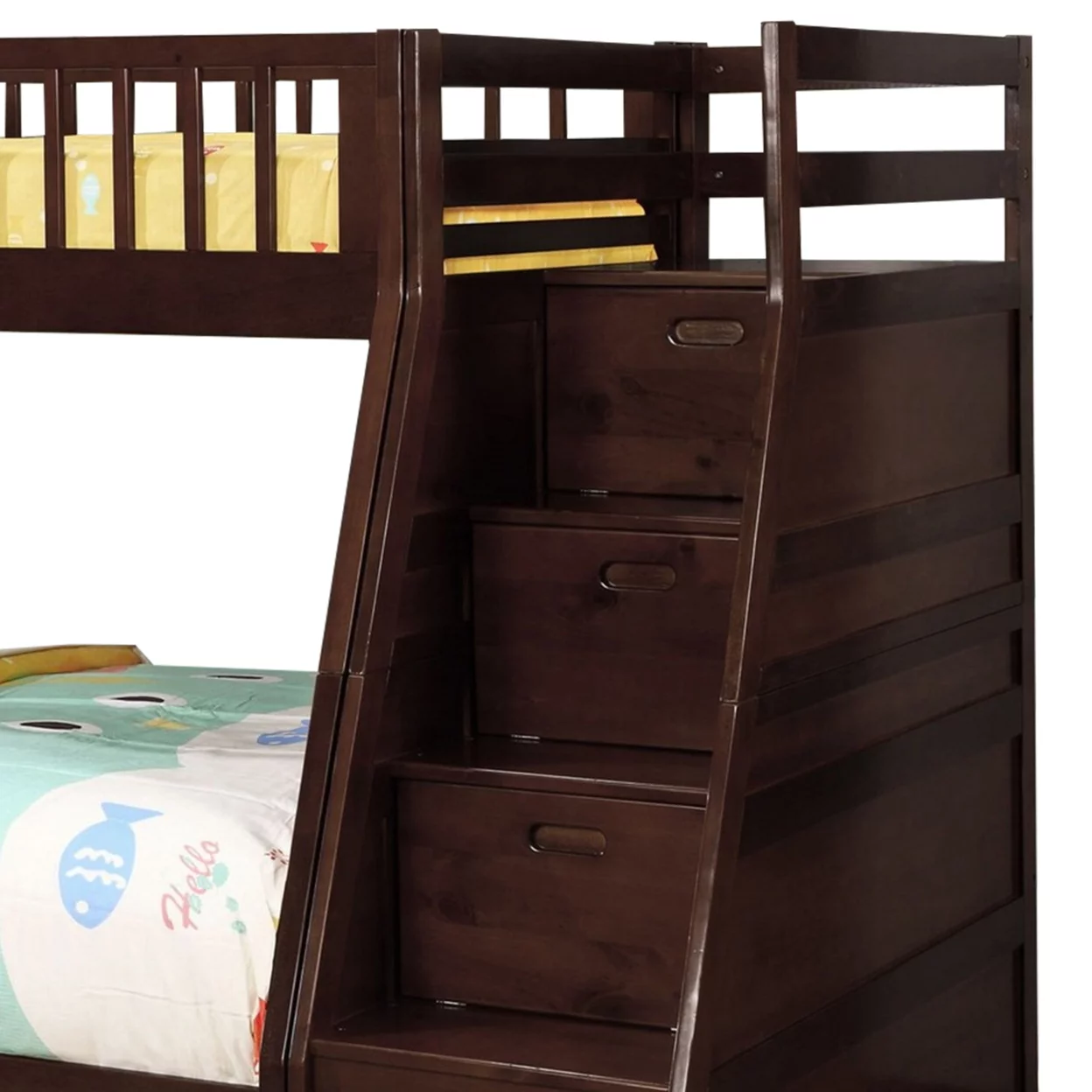 2 Drawer Wooden Twin Over Full Bunk Bed with Storage Staircase, Brown- Saltoro Sherpi