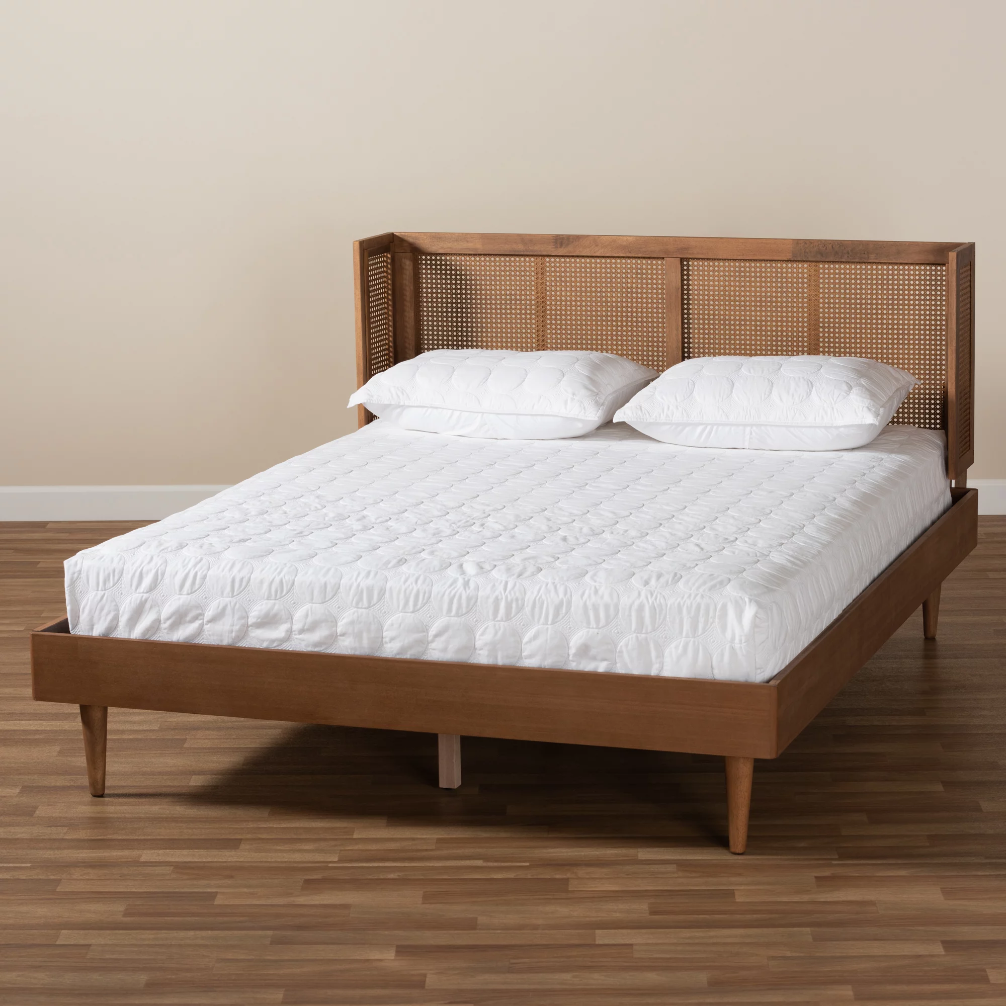 Baxton Studio Rina MidCentury Modern Ash Wanut Finished Wood and Synthetic Rattan Queen Size Platform Bed with WrapAround Headboard
