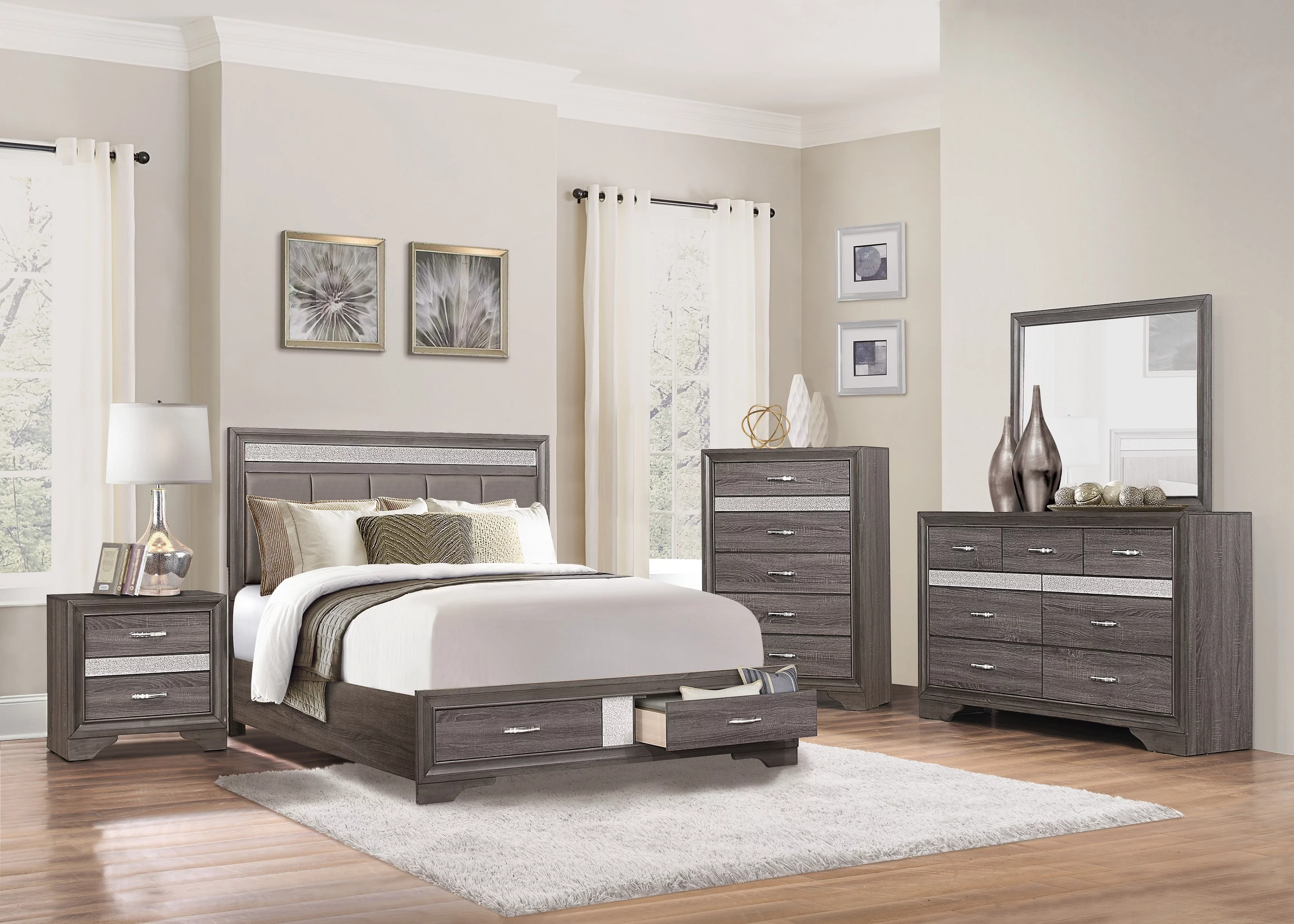 Bedroom 4pc Set Two-Tune Finish Unique Style Collection Queen Size Bed Footboard Storage Hidden Jewelry Drawers