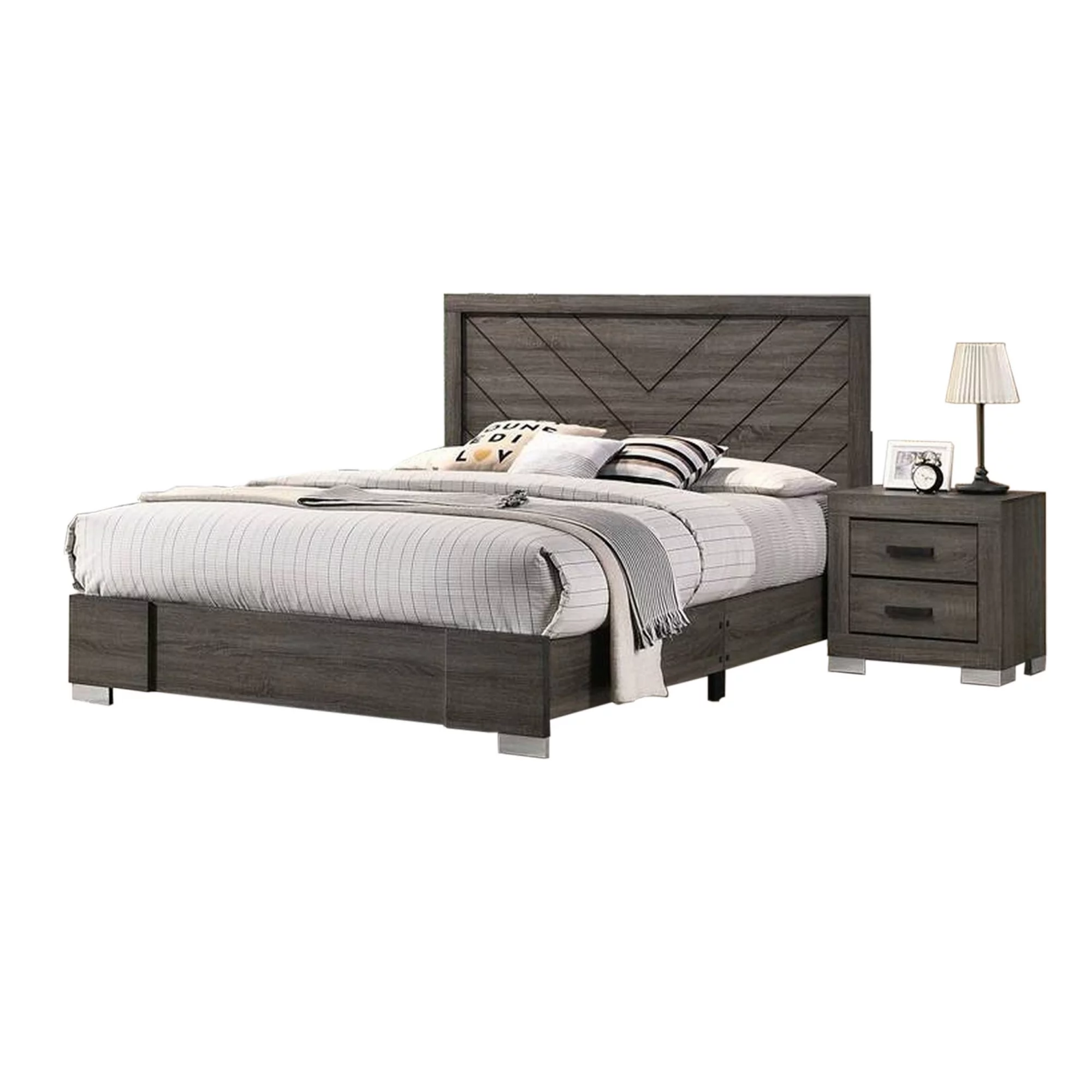 Lola Classic Queen Size Bed, Wood Grain, Strong Block Legs, Taupe Brown