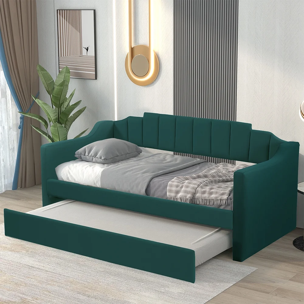 Fangsheng Fabric Upholstered Wooden Daybed with Trundle, Twin, Green