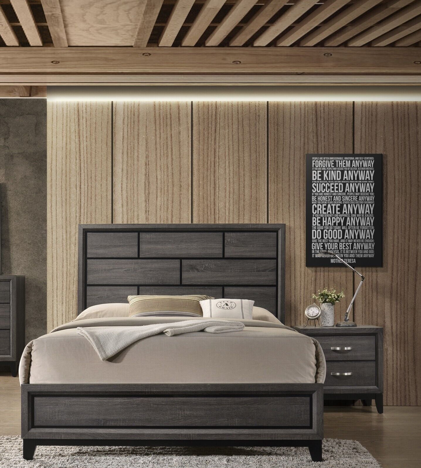 Contemporary Style 3pc King Size Panel Bed and 2x Nightstands Bedroom Furniture Set Gray Finish