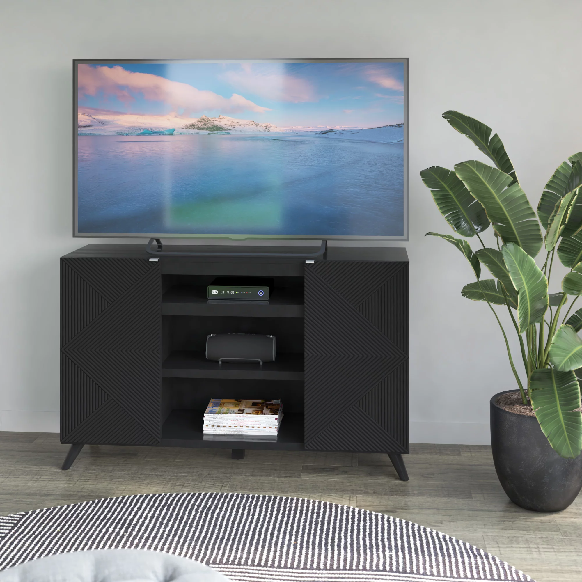 Twin Star TV Stand with Geometric Patterned Doors for TVs up to 60