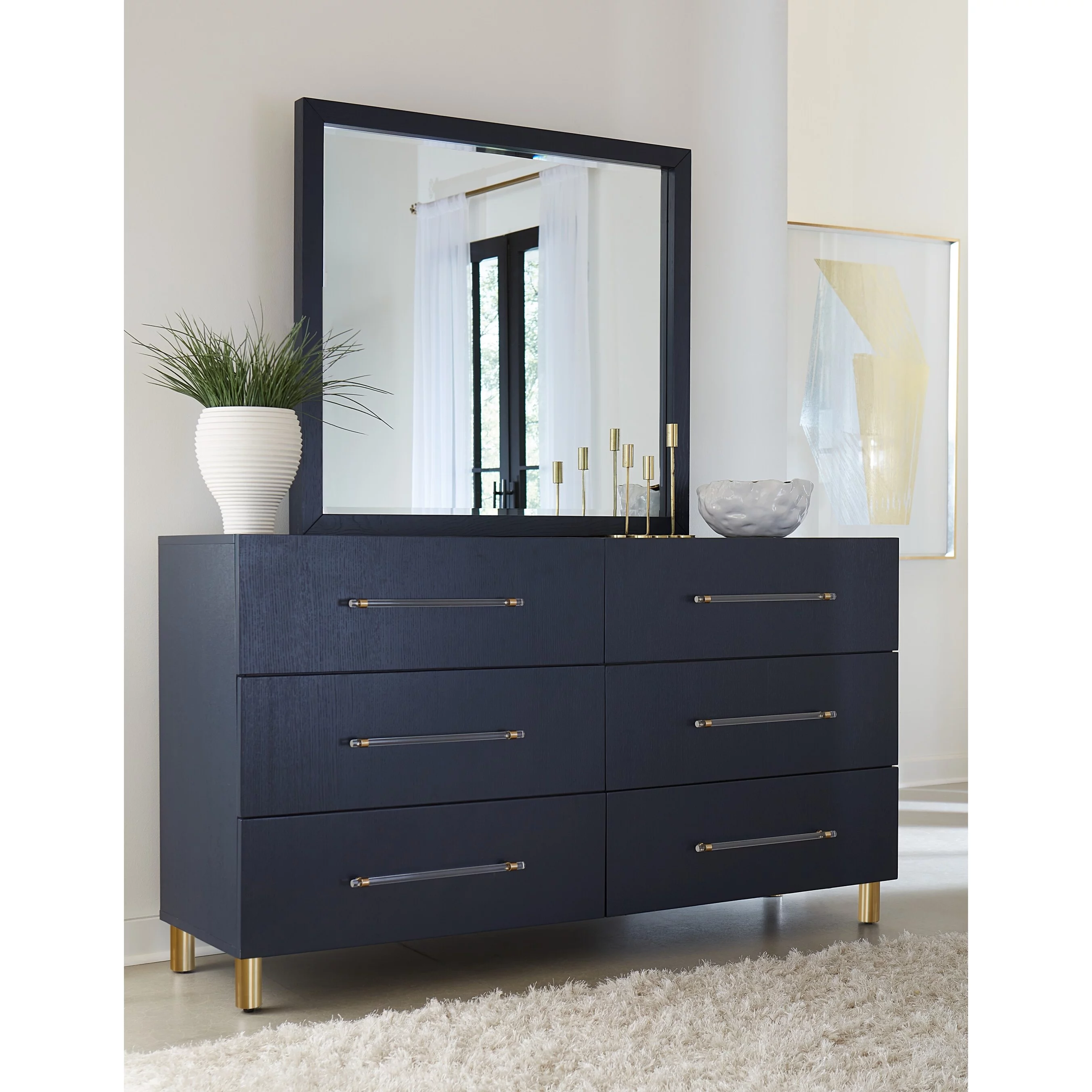 Modus Furniture Argento Beveled Glass Wall or Dresser Mirror in Navy Blue