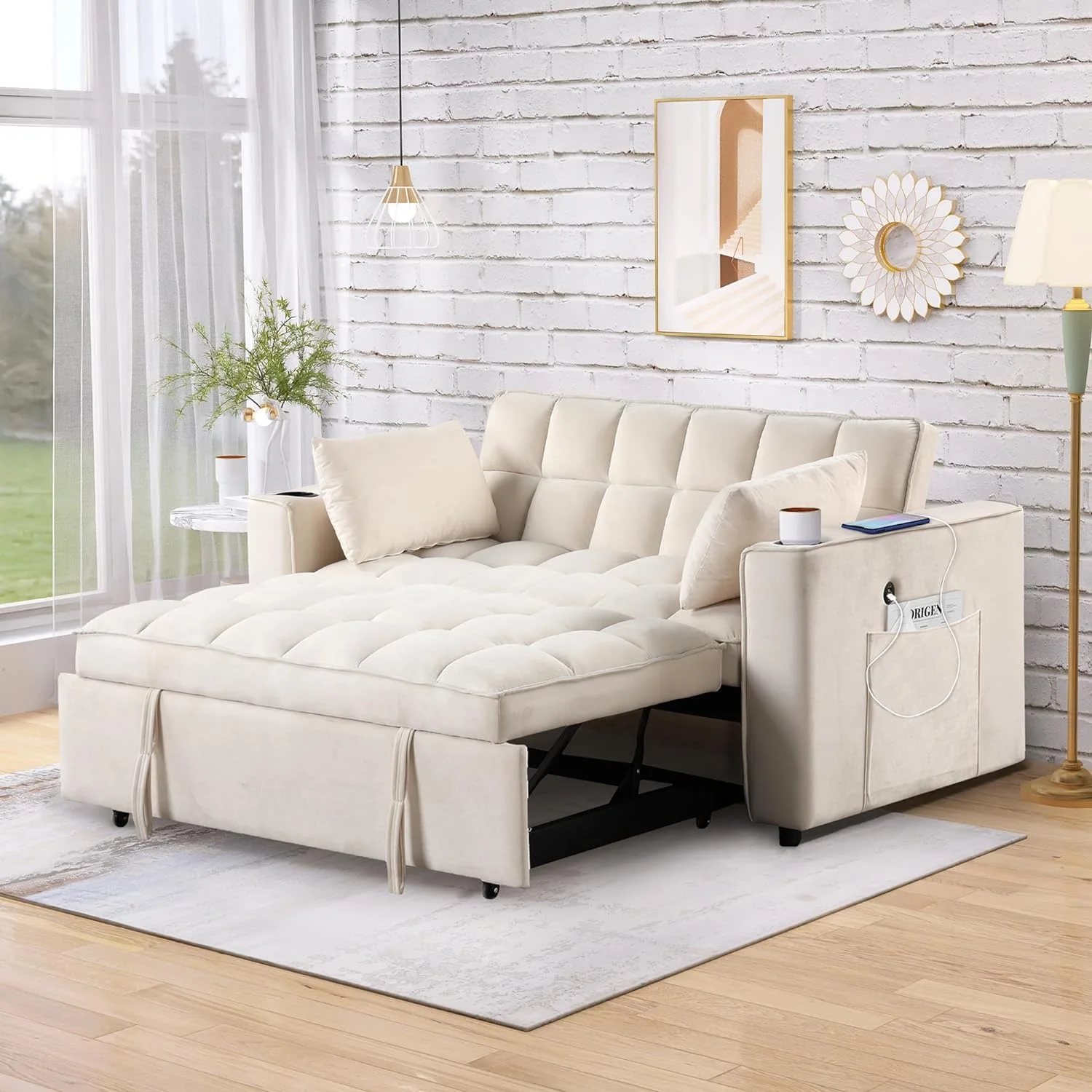 Convertible Sofa Couch With Pull Out Bed, 3-In-1 Multi-Functional Sofa Bed With Cup Holder And USB Port, 2 Seat Loveseat Sleeper Sofa Bed For Small Space, Living Room