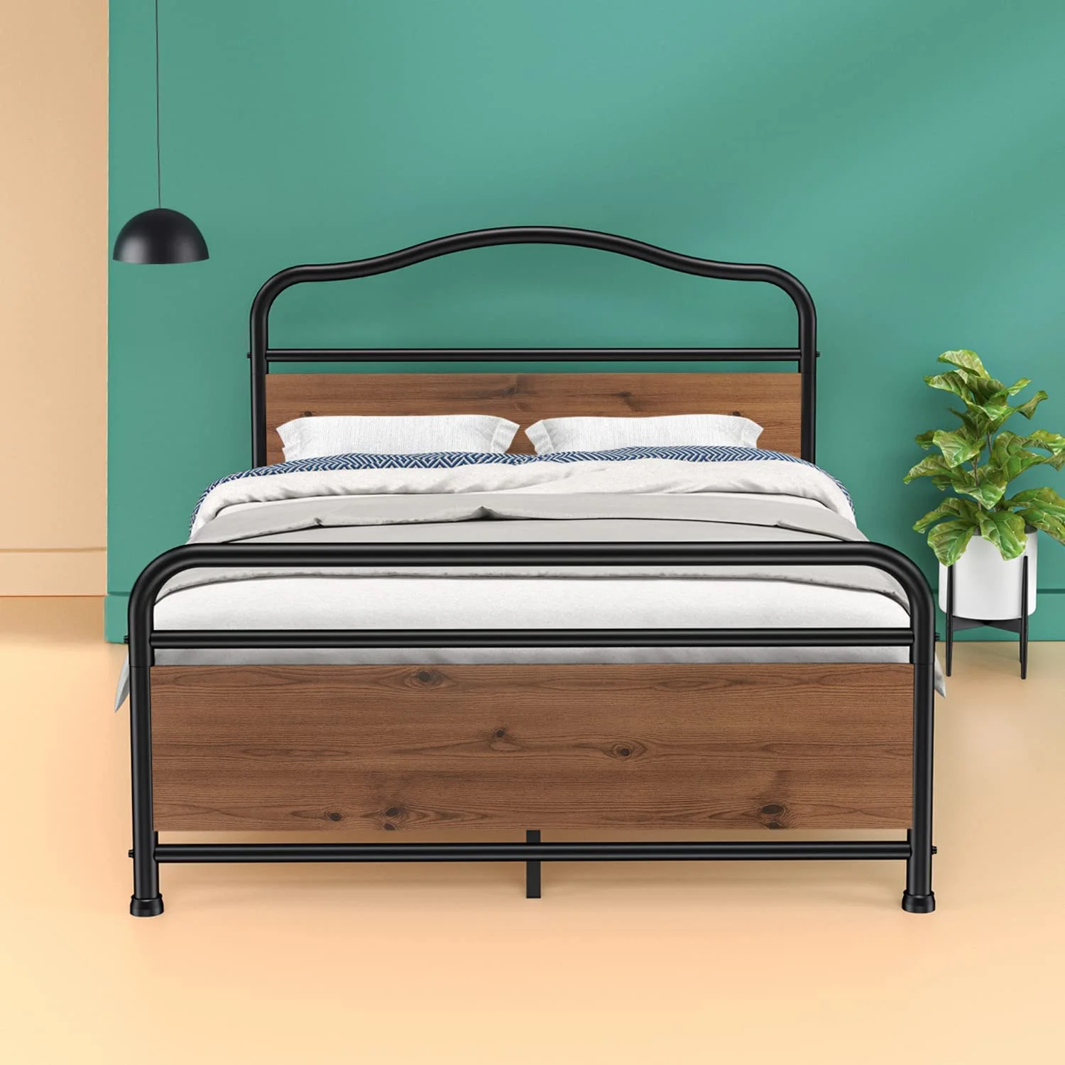 Queen Size Metal Platform Bed Frame Mattress Foundation with Sturdy Wood Headboard and Footboard No Box Spring Needed Under Bed Storage Steel Slats Black