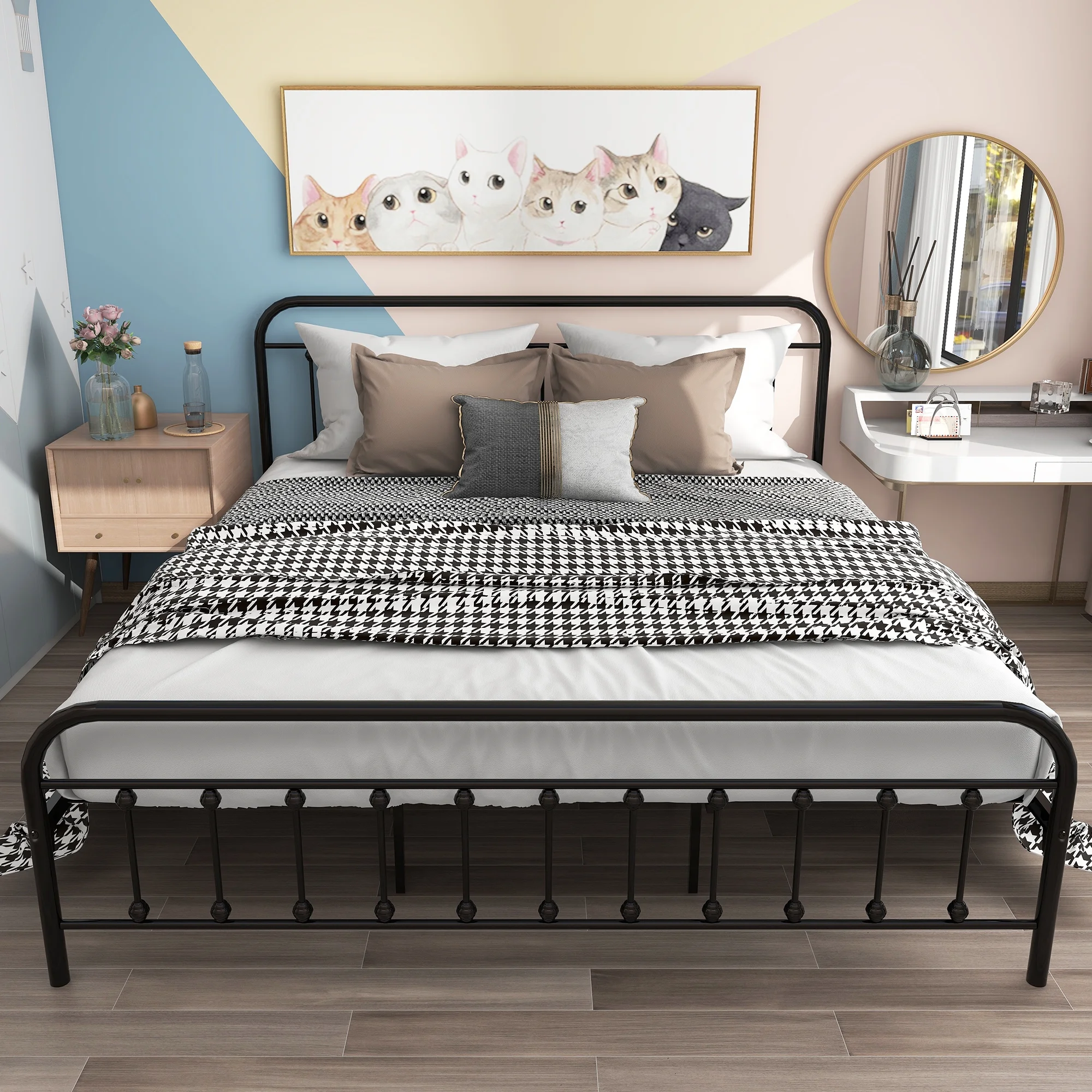Queen Metal Platform Bed Frame with Vintage Headboard & Footboard, Steel Slats, No Box Spring - Black